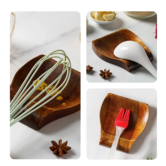 Cheer Collection Teak Wood Spoon Rest for Cooking Utensils with Non Slip Base