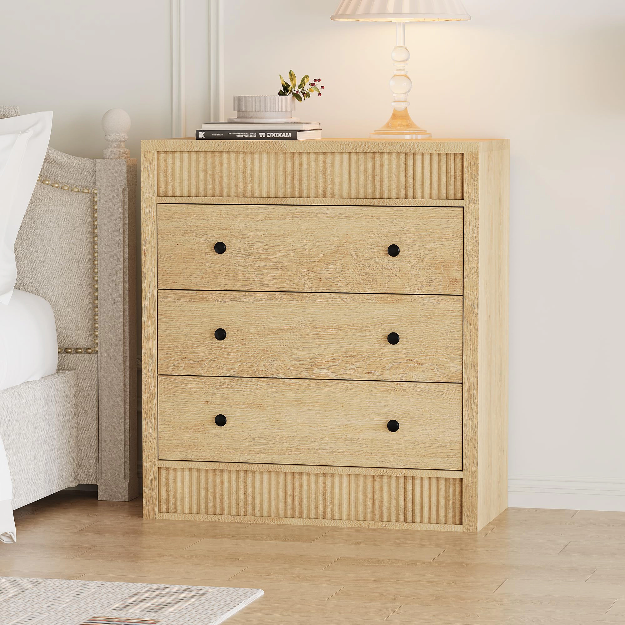 Fluted 3 Drawer Wooden Dresser, 31.5" Wide Modern Nightstand Storage Cabinet for Bedroom