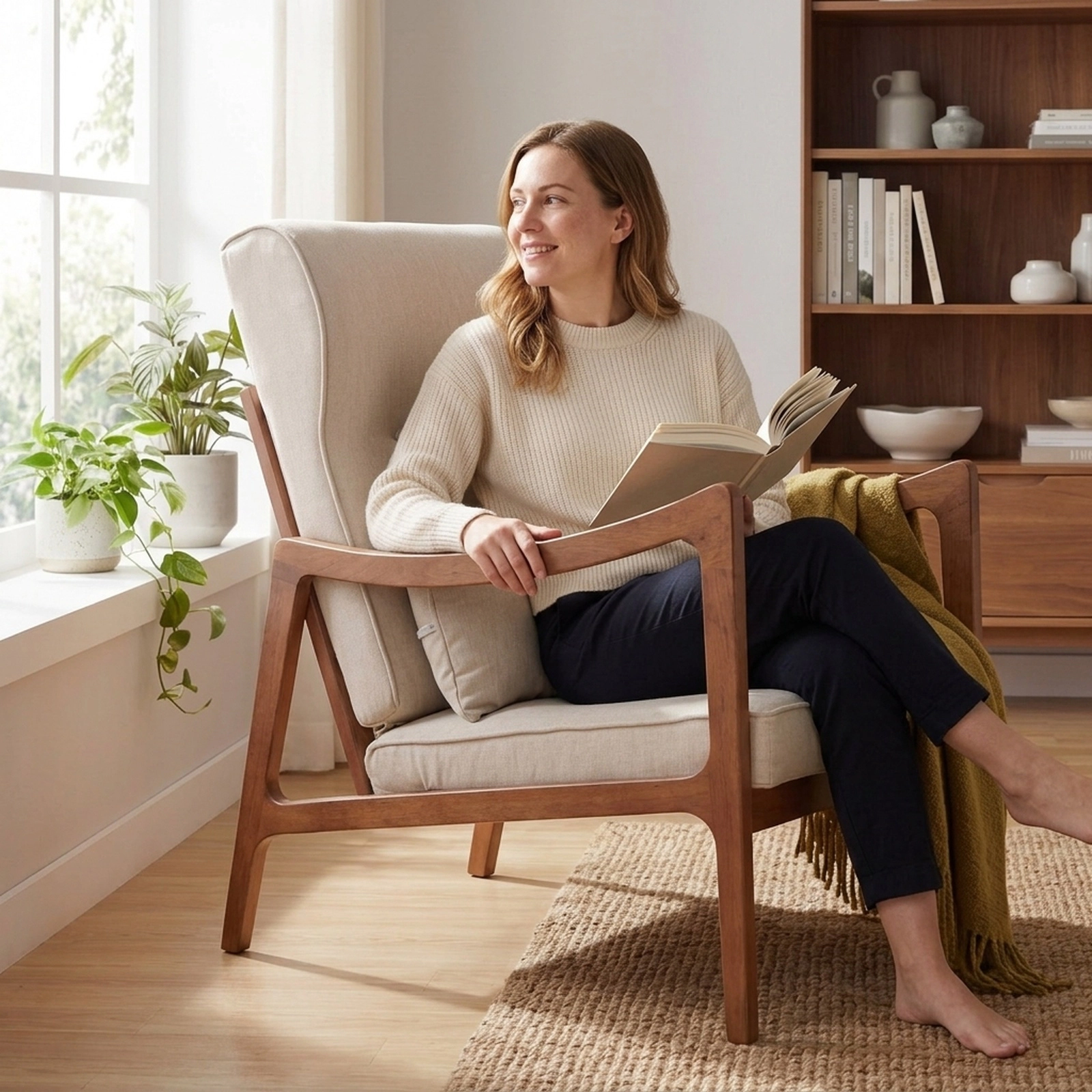SUGIFT High-Back Accent Armchair, White Faux Leather and Linen, Neck Pillow, Removable Lumbar Cushion