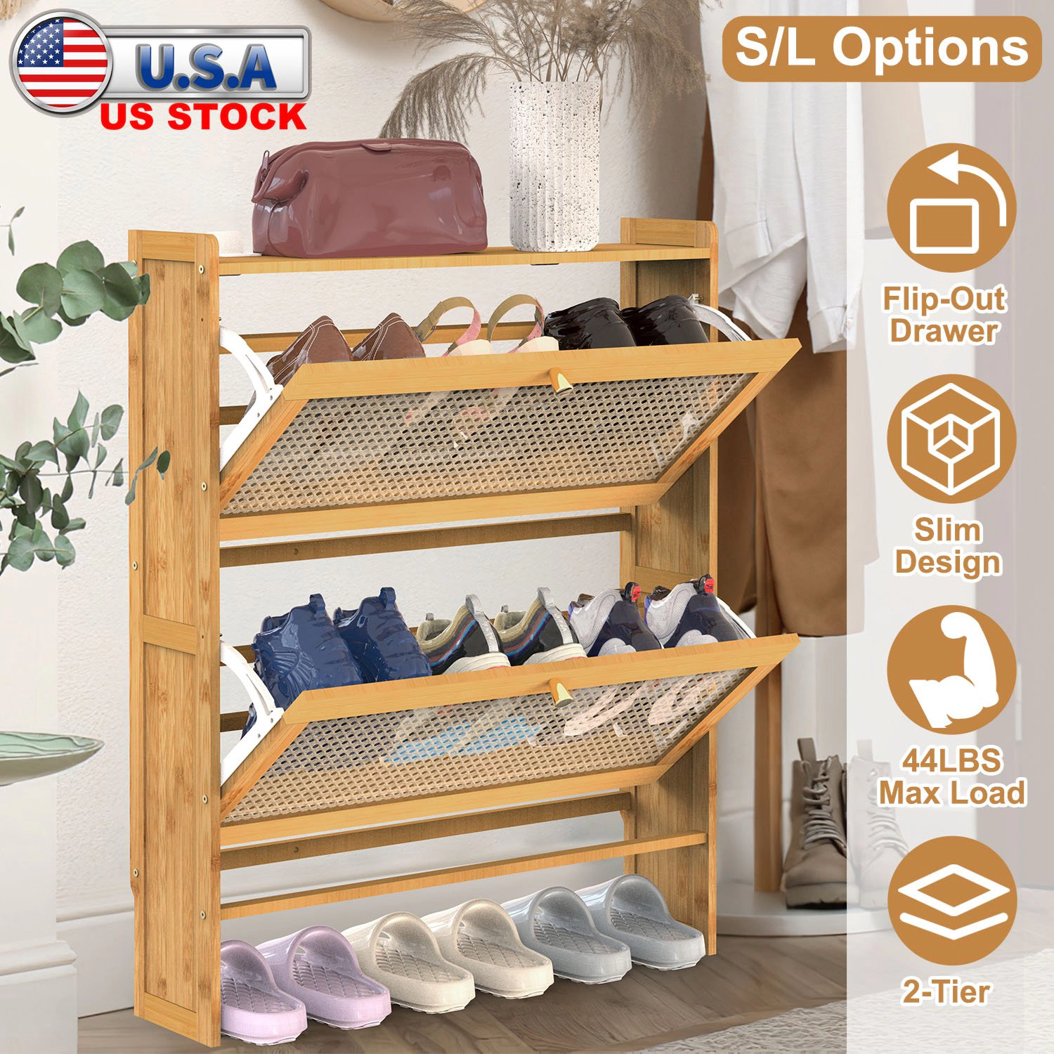 NEW Home Unisex 2-Tier Bamboo Shoe Cabinet
