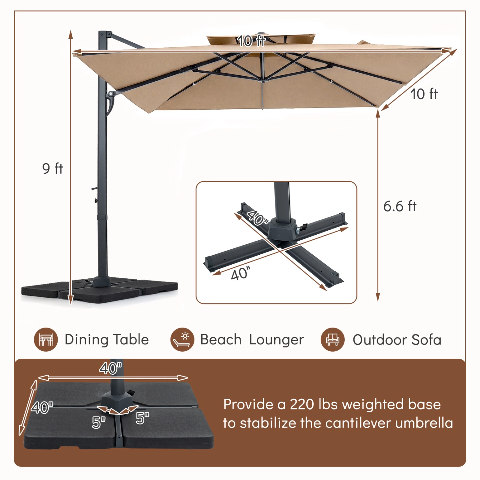 SUGIFT Brown Aluminum Pole and 220 LB Fillable Base 10 FT Square Cantilever Patio Umbrella
