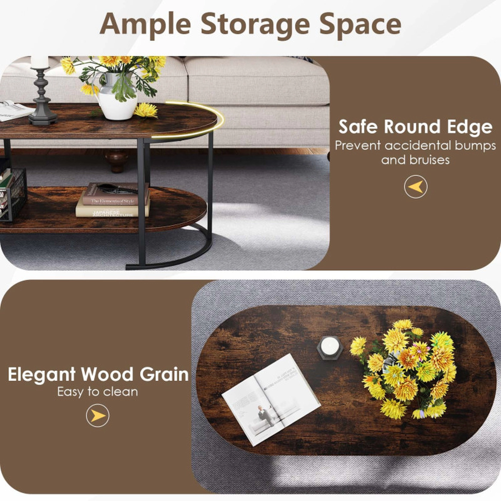 SUGIFT 2-Tier Oval Wood Grain Metal Frame Coffee Table 39.5-in x 19.5-in x 18-in 88-lb per Shelf Rustic Brown