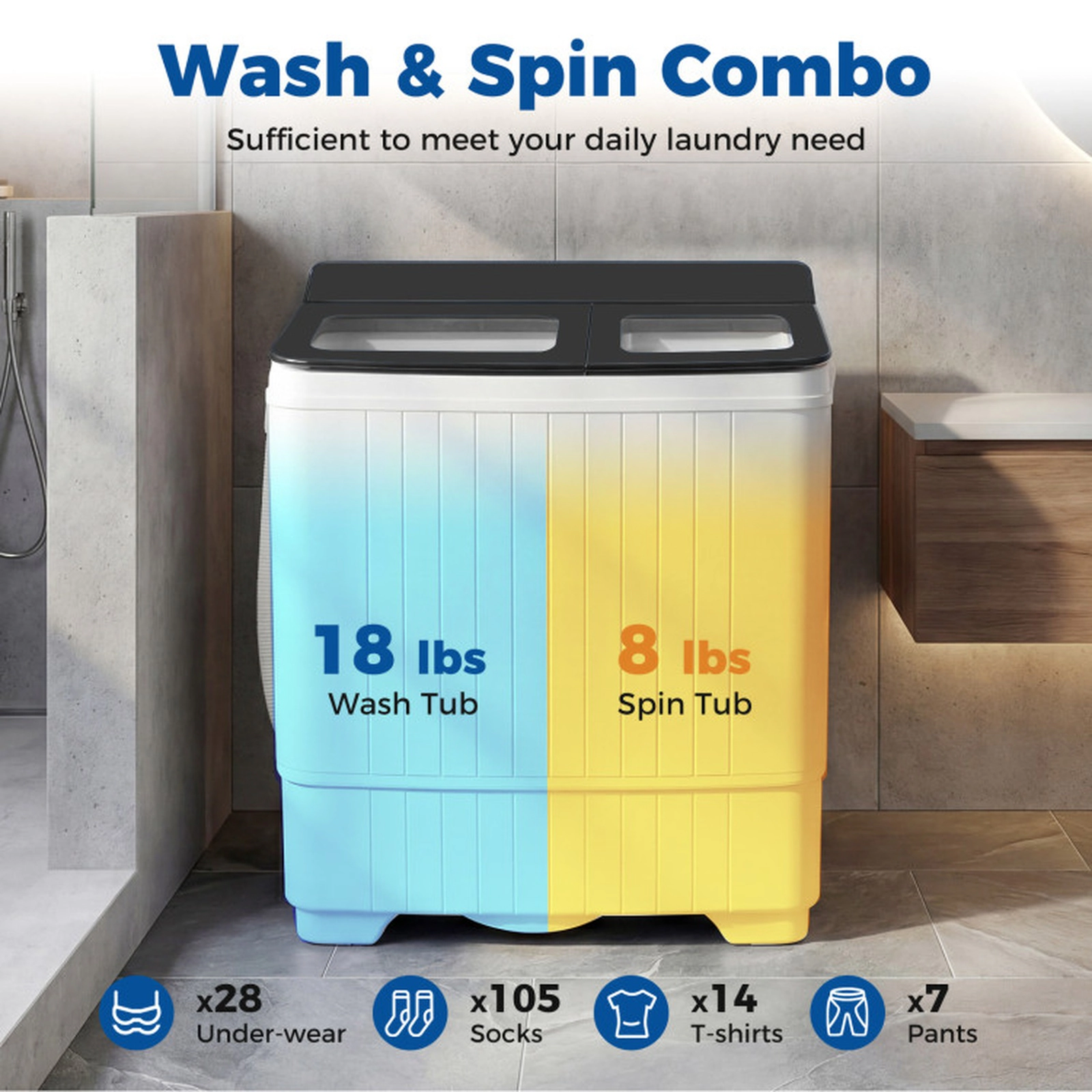 SUGIFT 18-lb Wash 8-lb Spin Twin Tub Portable Washing Machine with 9-in Spin Tub and 42-in Open Lid