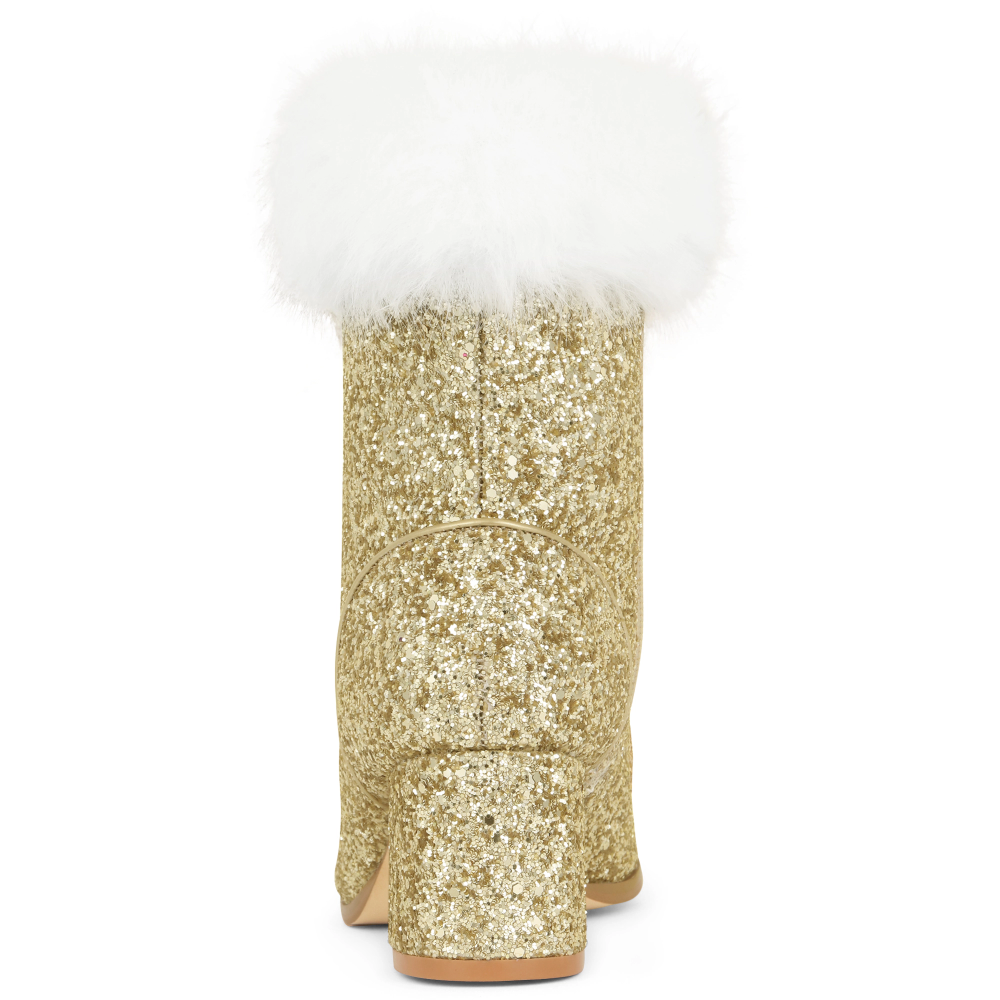 BLISSFUL STEP Faux Fur Glitter Square Toe Chunky Heel Ankle Boots for Women