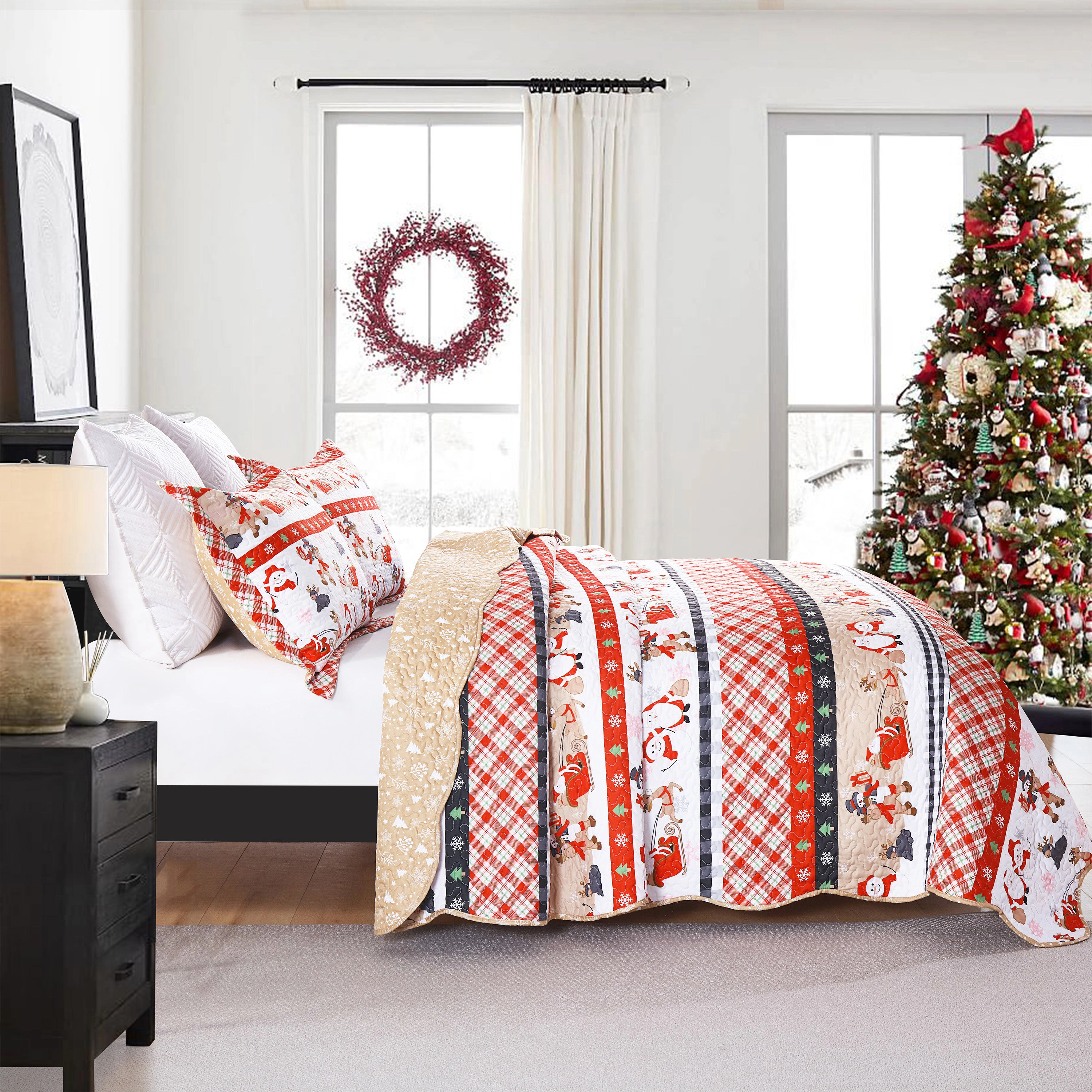 MarCielo 2/3 Piece Christmas Quilt Set Santa Claus Printed Bedspread Set