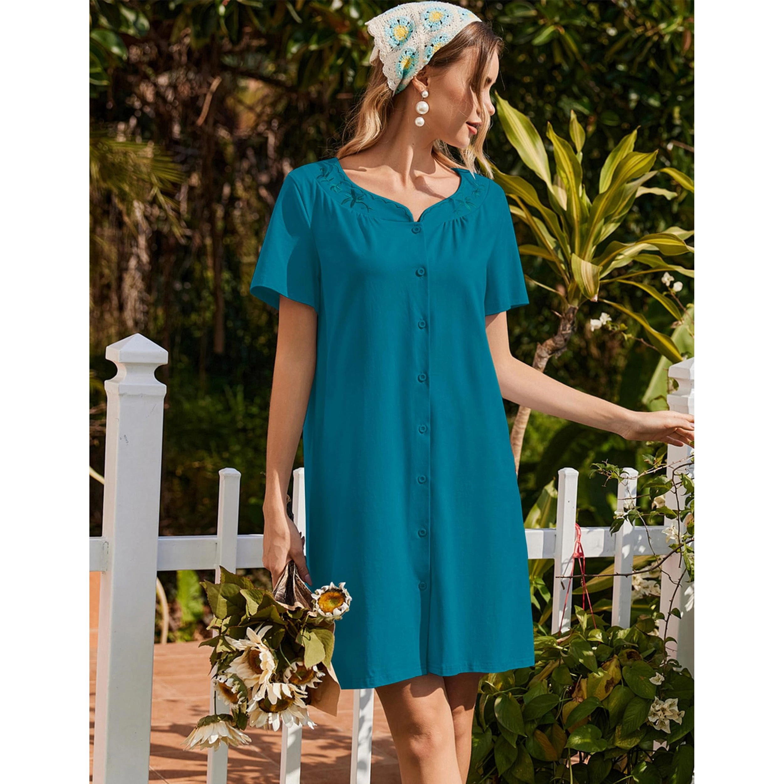 Ekouaer Womens Nightgown Cotton Sleepwear Sleep Shirt Embroidered Nightshirt Pajama Dress