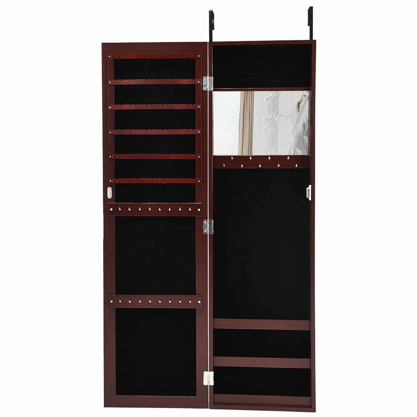 SUGIFT Dark Brown Full-Length Mirror Jewelry Cabinet with Ring Slots Necklace Hooks and Wall Storage