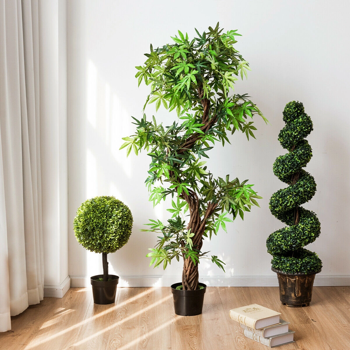 SUGIFT Set of 2 Spiral Shaped Real Wood Trunk Artificial Boxwood Topiary Trees 4-ft Tall 11-in Pot 13-lb Green