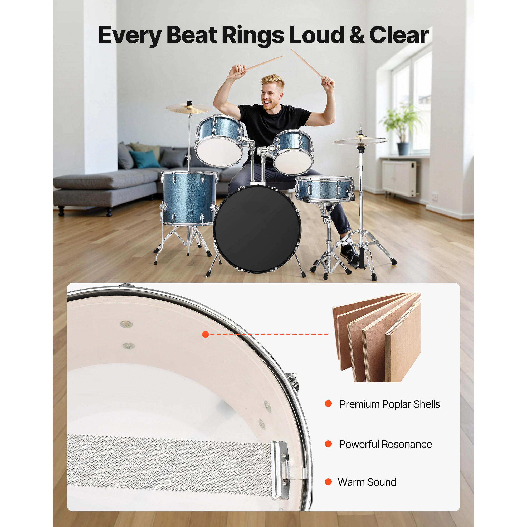 HONGGE Kids Drum Set Junior Drum Sets Beginner Drums Set with Adjustable Throne Cymbal & Two Pairs of Drumsticks