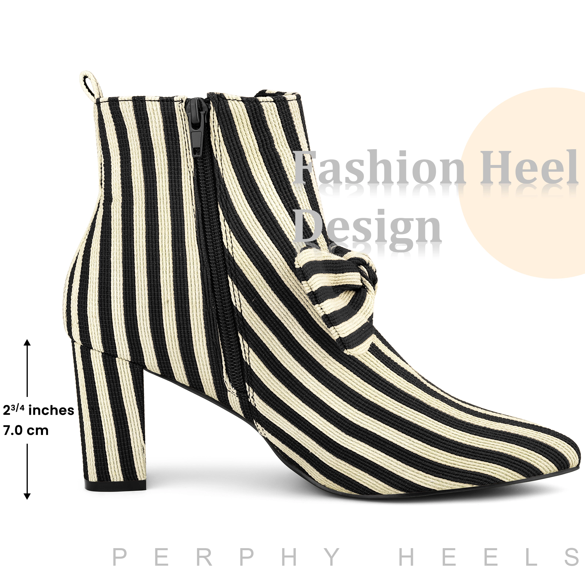 BLISSFUL STEP Women's Bow Stripe Pointed Toe Chunky Heels Ankle Boots