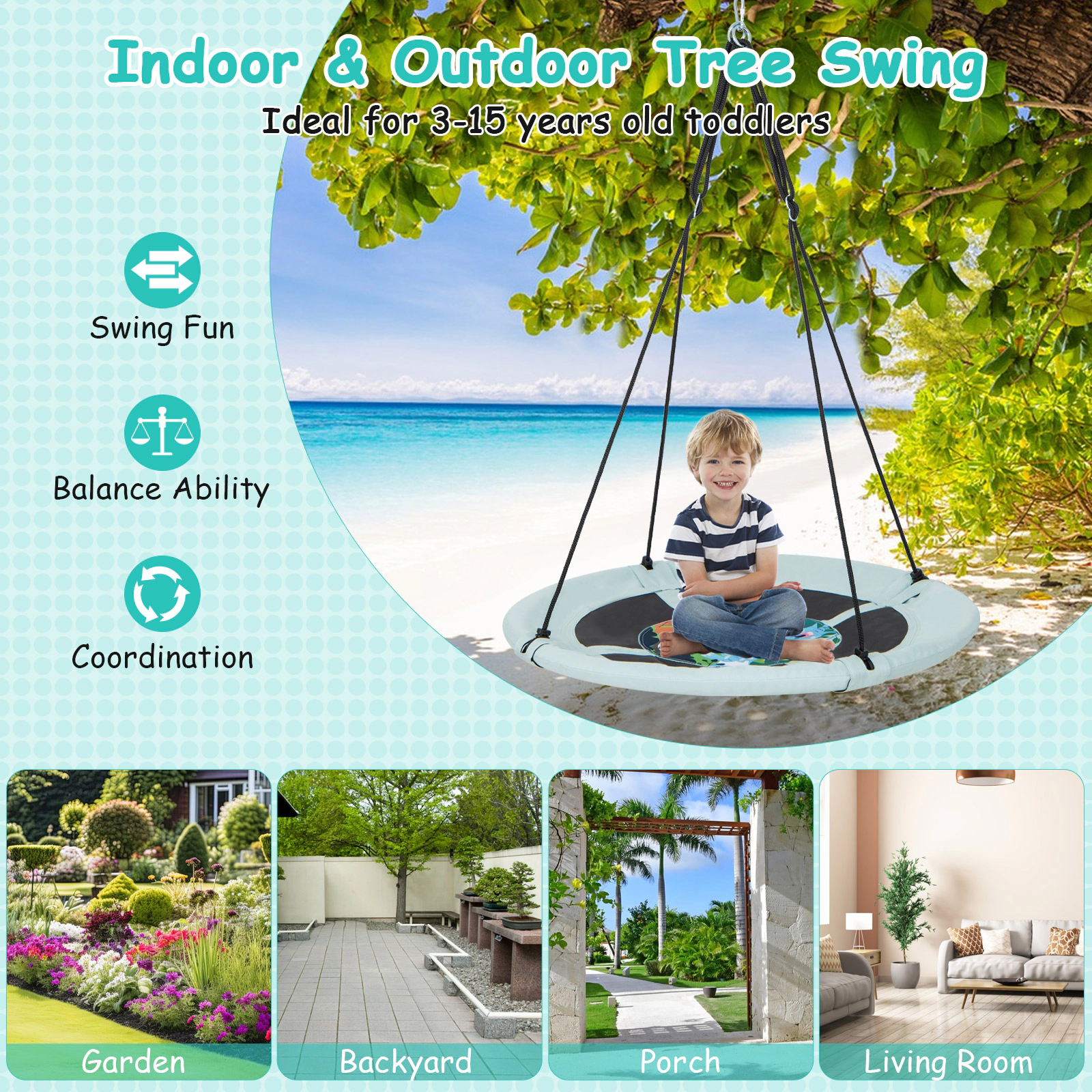 SUGIFT 220-lb 40-in Saucer Tree Swing with Adjustable Ropes 3 Hanging Options and Rust-Proof Galvanized Pipe