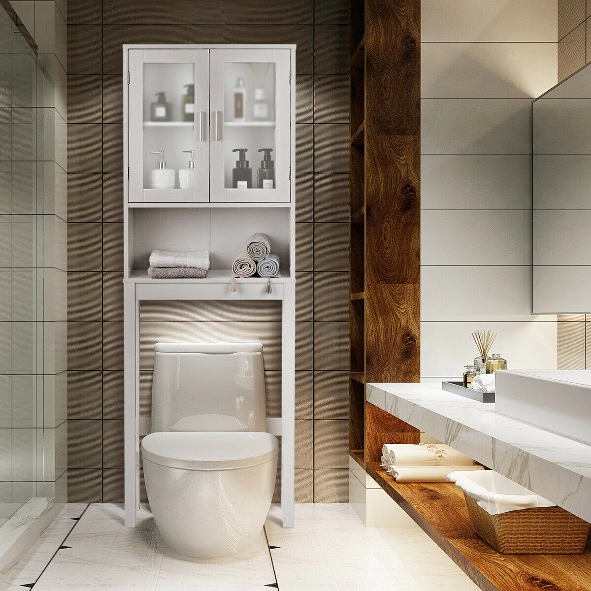 SlickBlue White Over Toilet Bathroom Storage Cabinet with Glass