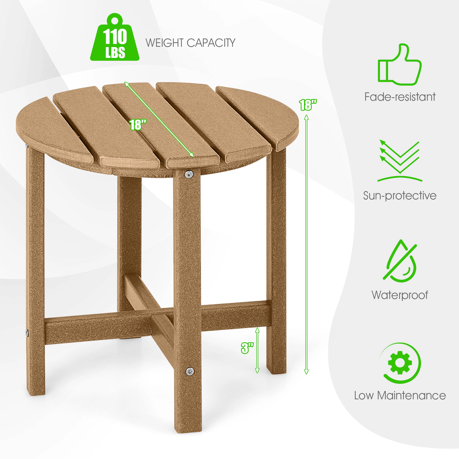 SUGIFT Brown Weather Resistant Patio 18 in Round HDPE Adirondack Side Table