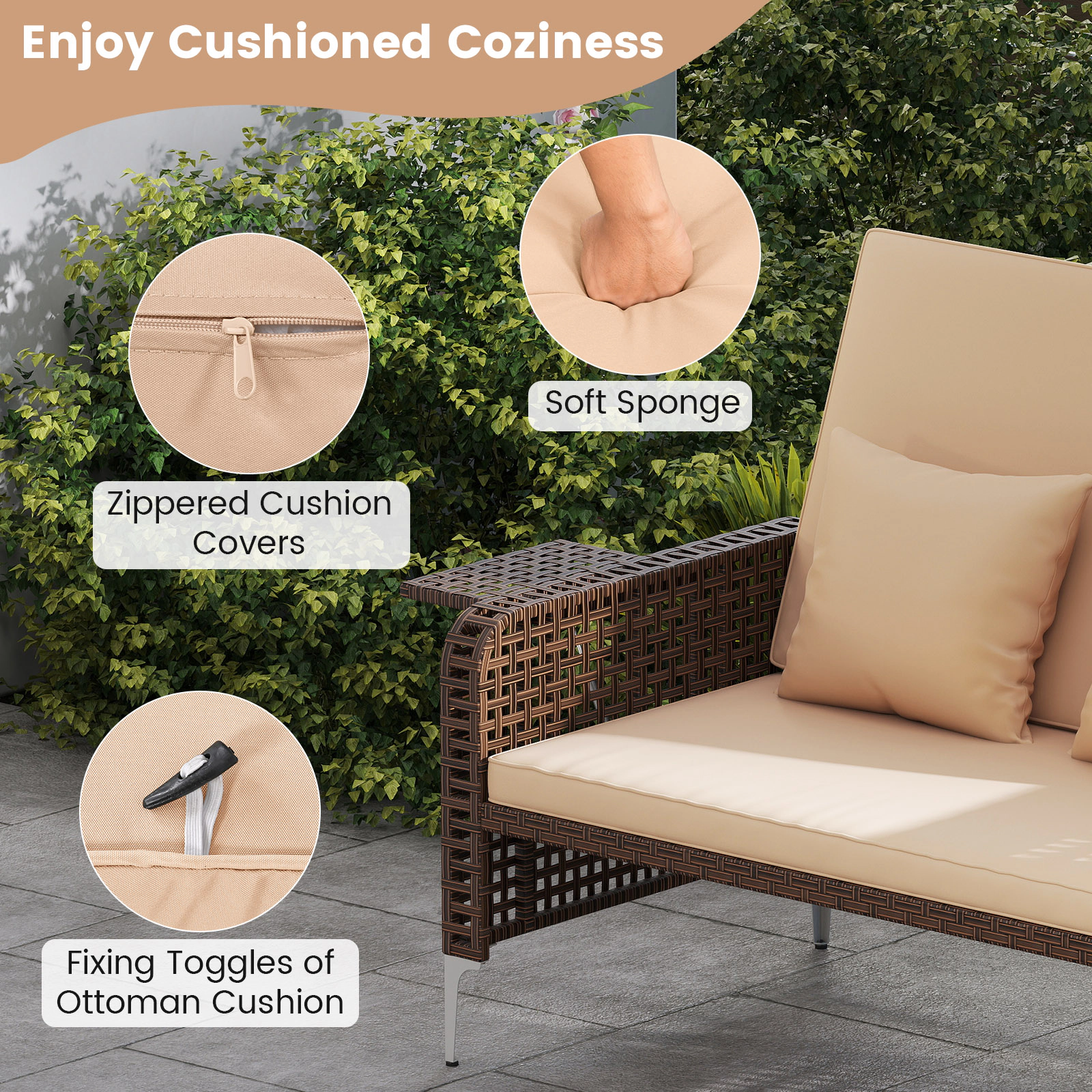SUGIFT 2-Piece Brown Wicker Patio Daybed with Adjustable Backrest, Storage Ottoman and 2 Trays