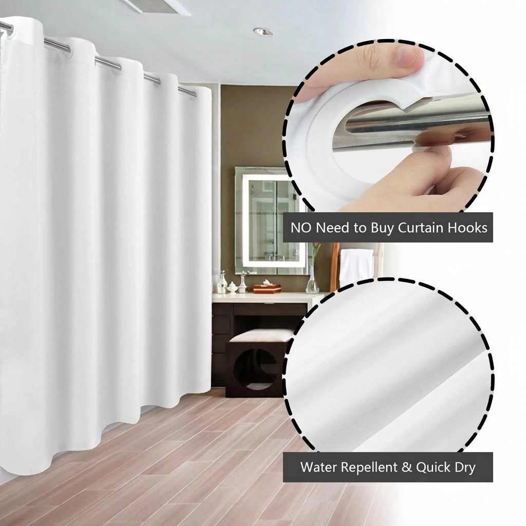 WZK No Hook White Fabric Waterproof Magnetic Hem Easy Care Hotel Quality Shower Curtain