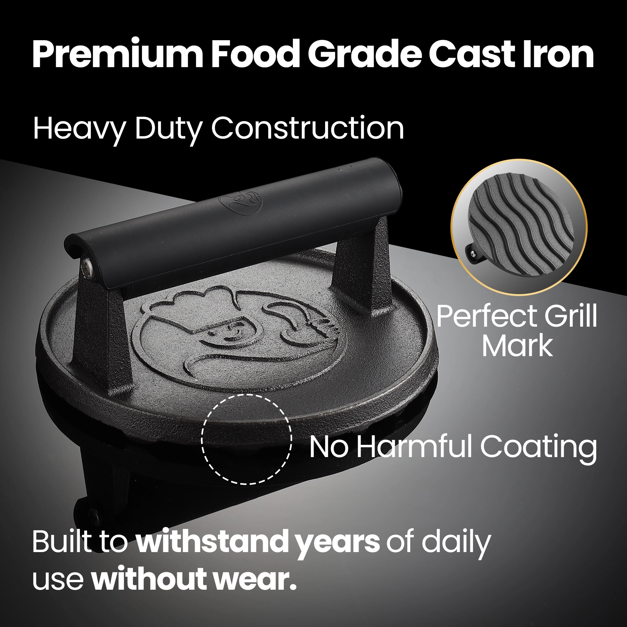 Gourmet Easy Smash Burger Press with Heat Resistant Handle, 2LBS Cast Iron Burger Smasher