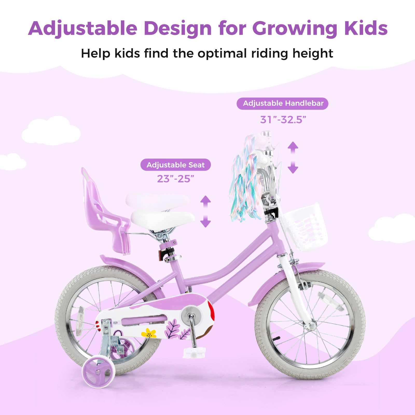 SUGIFT Purple Doll Seat Streamers Training Wheels and Front Basket Girls 16 Inch Bike