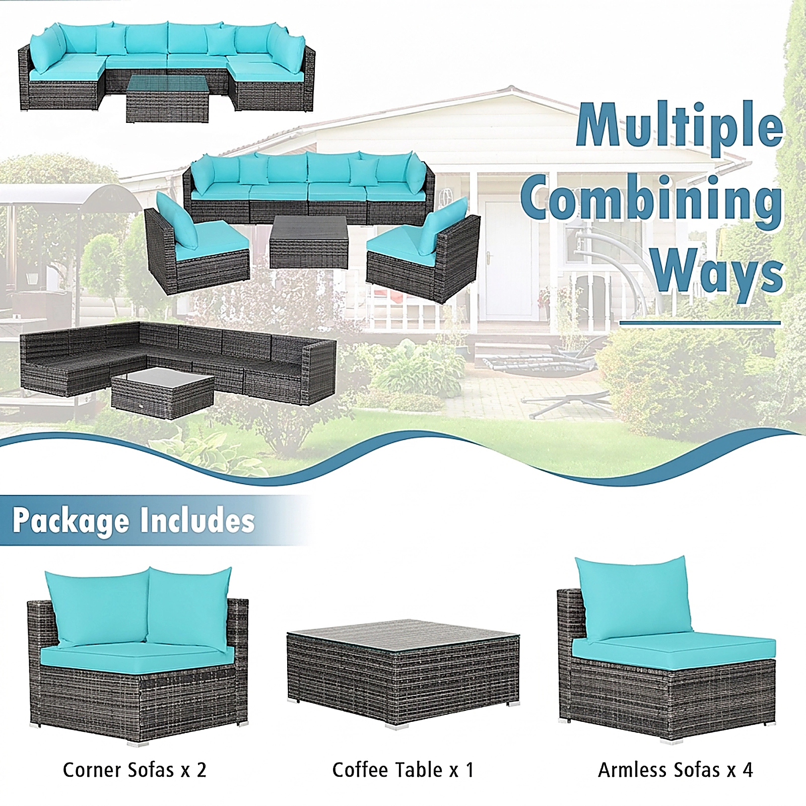 SUGIFT 7-Piece Turquoise Wicker Patio Sectional Set, 4 Armless Sofas, 2 Corner Sofas, Cushions