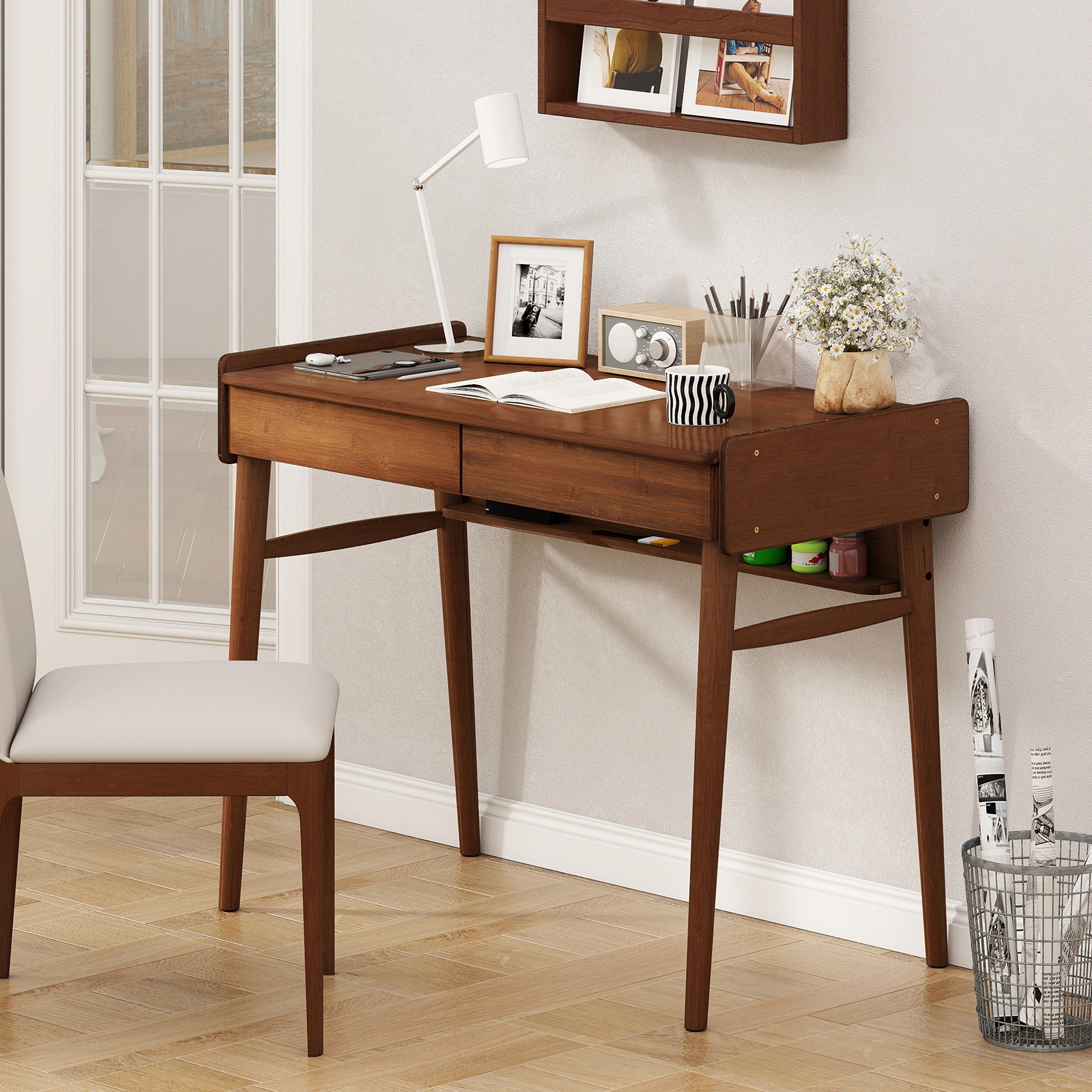 SUGIFT 39.5 in Bamboo Writing Desk Walnut with 2 Storage Drawers and Open Shelf