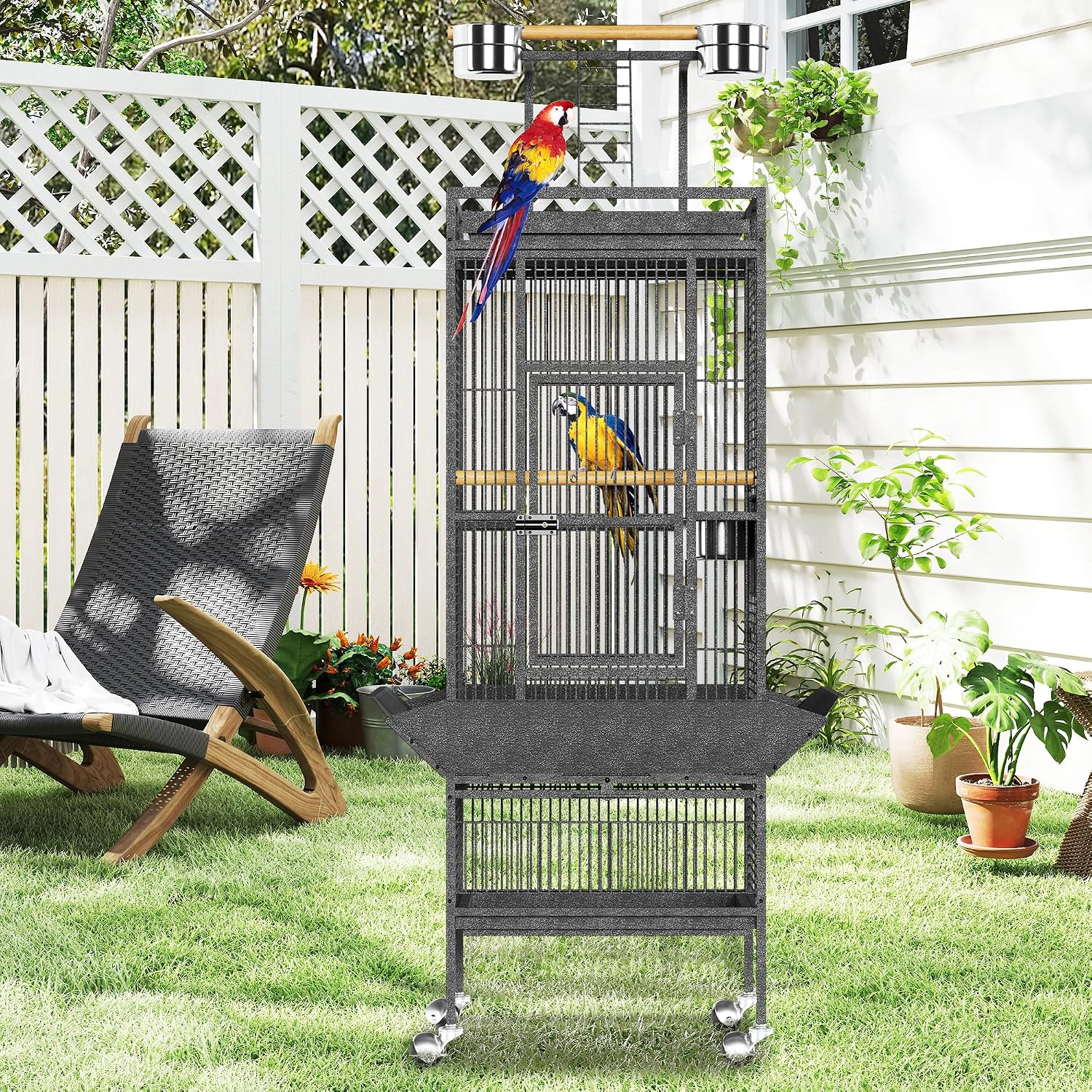 Large Rolling Metal Parrot Bird Cage 154.9cm Total Height, Play Top Pet Bird House, Burst Silver