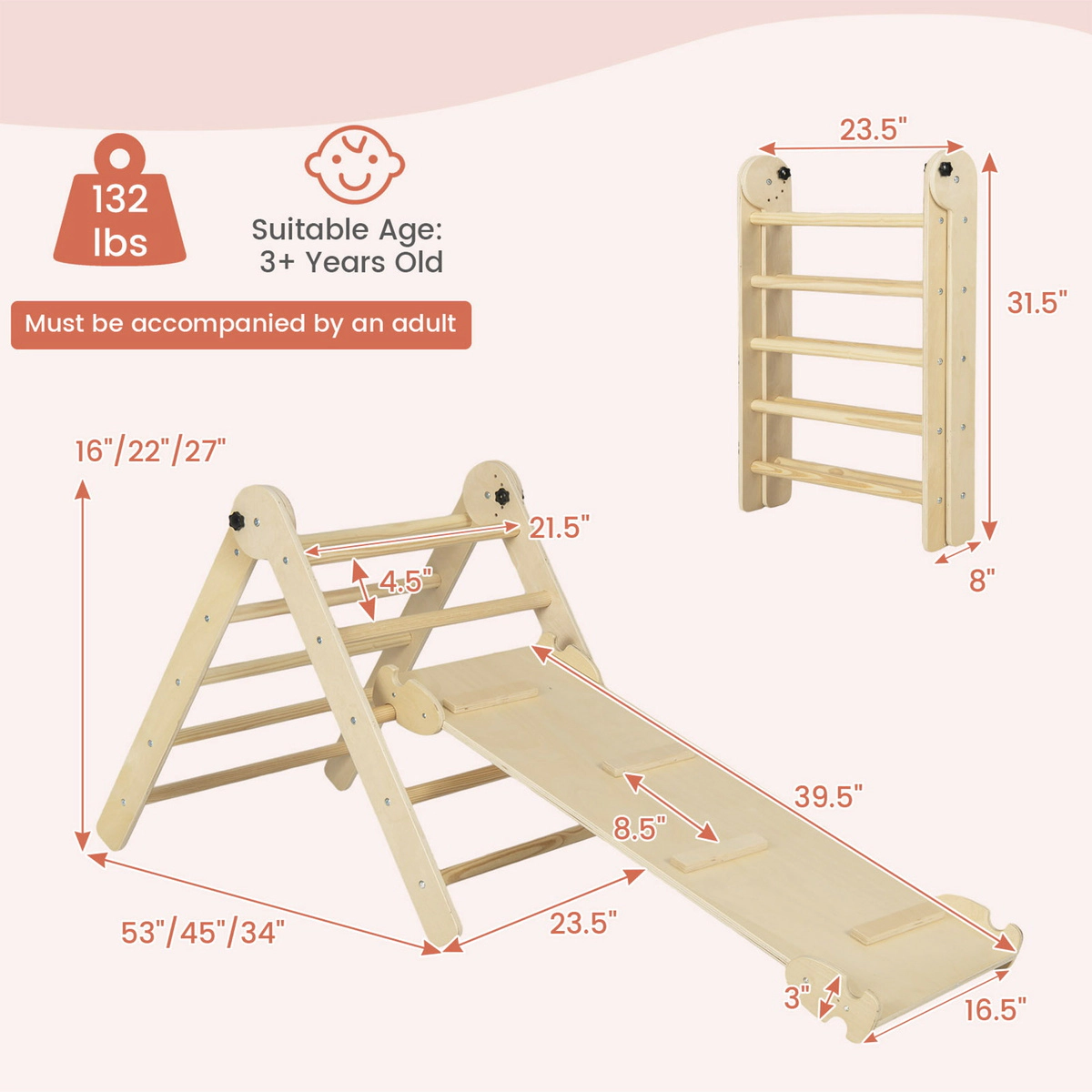 SUGIFT Foldable Adjustable 3-in-1 Kids Triangle Climbing Set 132-lb Capacity Ages 3+ Colorful/Natural Ladder Ramp Single