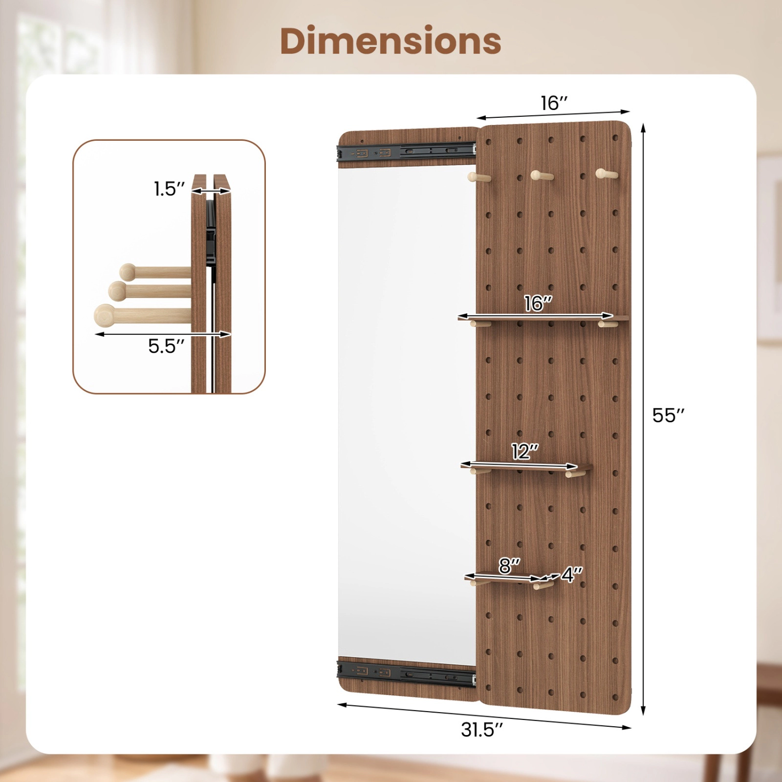 SUGIFT Full Length Mirror with Sliding Pegboard Shelves and Hooks Wall Mounted Entryway Storage Brown/Natural