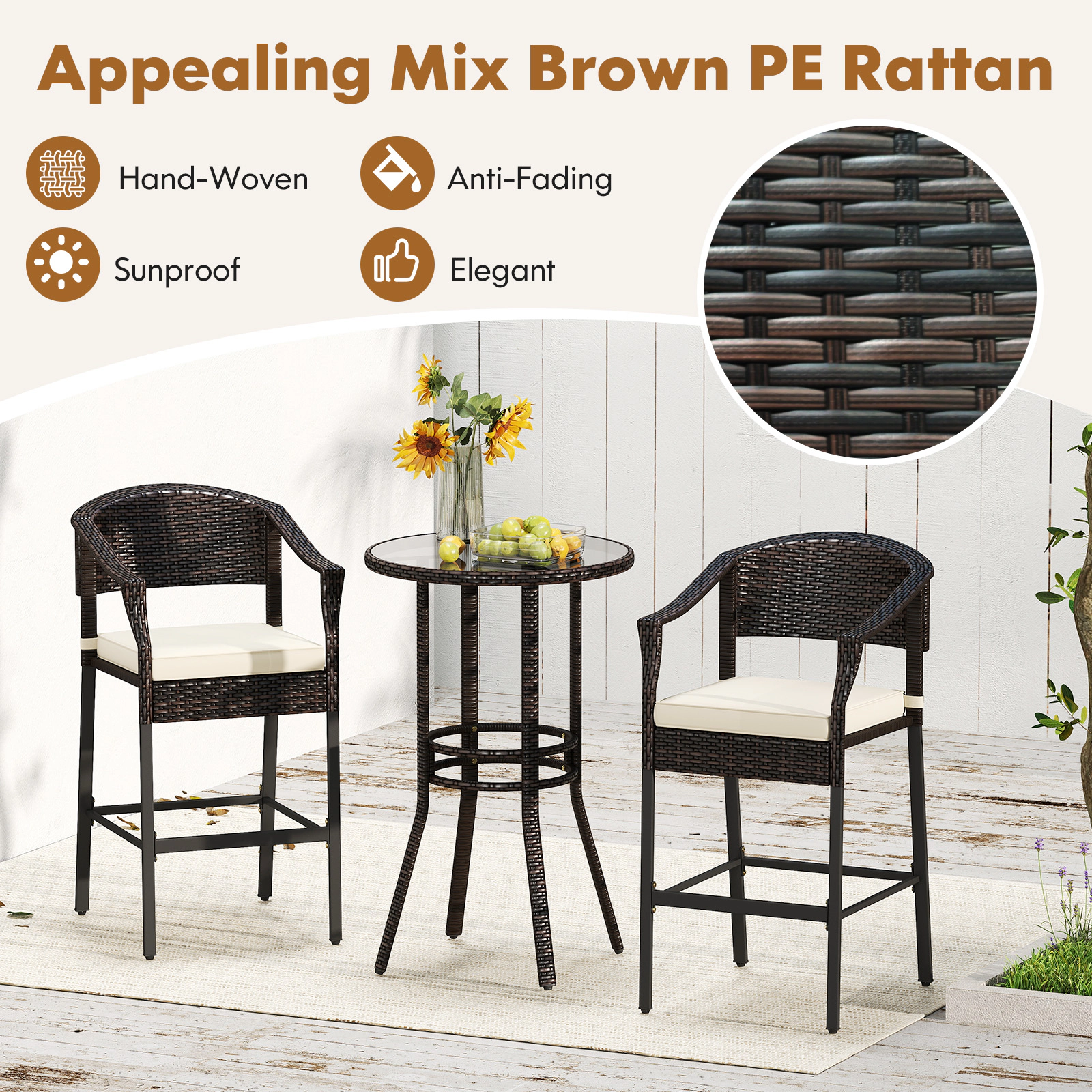 LJG 3-Piece Patio Rattan Bar Set with Tempered Glass Top for Backyard Poolside