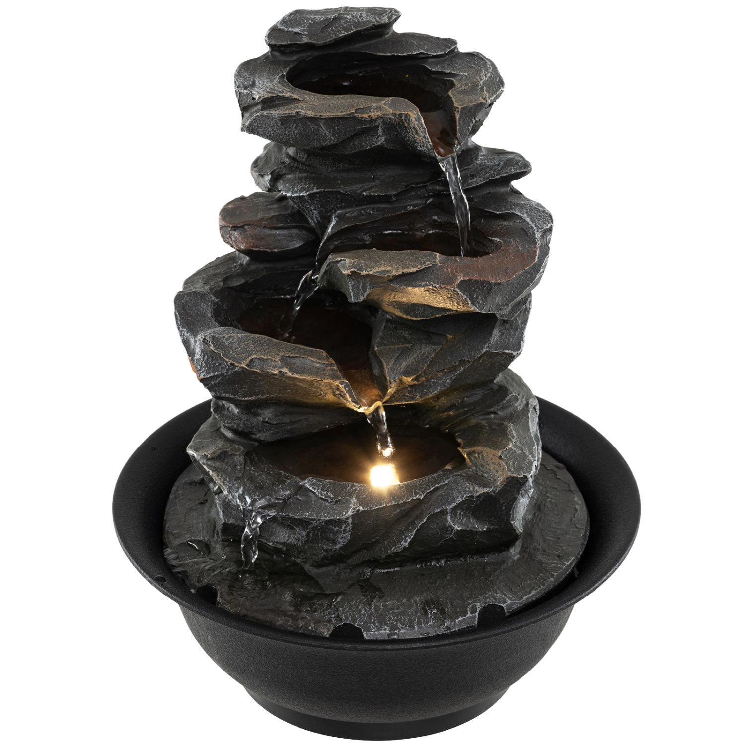 SlickBlue Black Indoor Water Fountain, Resin Cascade Design, LED Light, Quiet Pump, Compact Decor