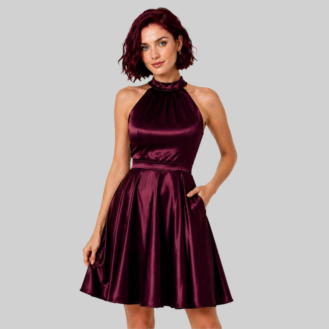 Artyska Women's Satin High Neck Fit & Flare Mini Dress with Pockets