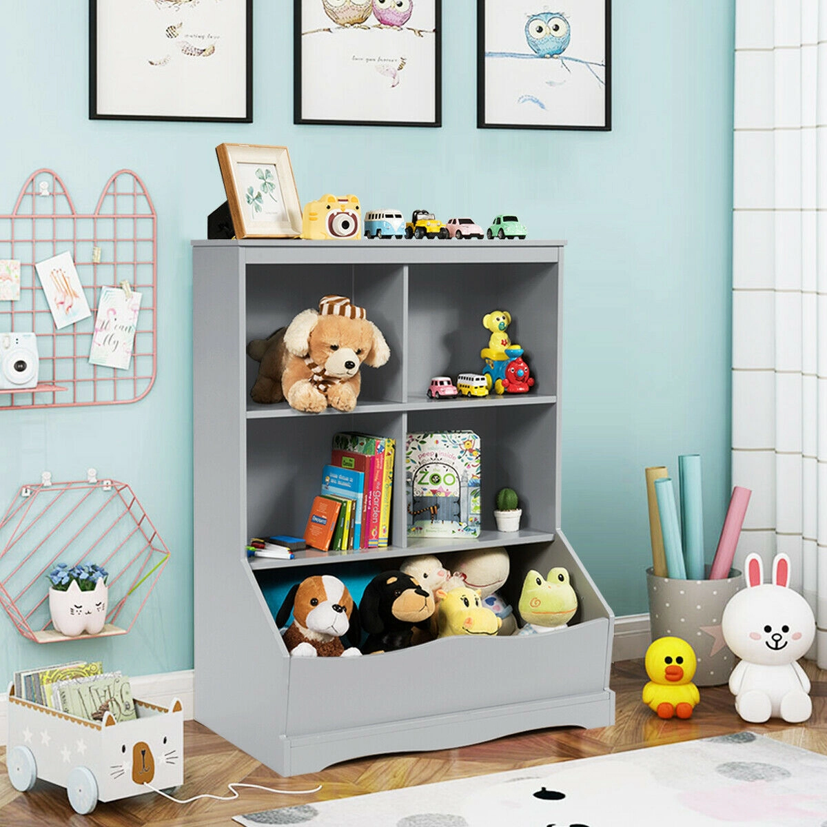 SUGIFT Kids 3-Tier 4 Compartments Storage Bin Anti-Tip Wooden Bookcase 26.5-in x 16-in x 34.5-in 66-lb Top Gray