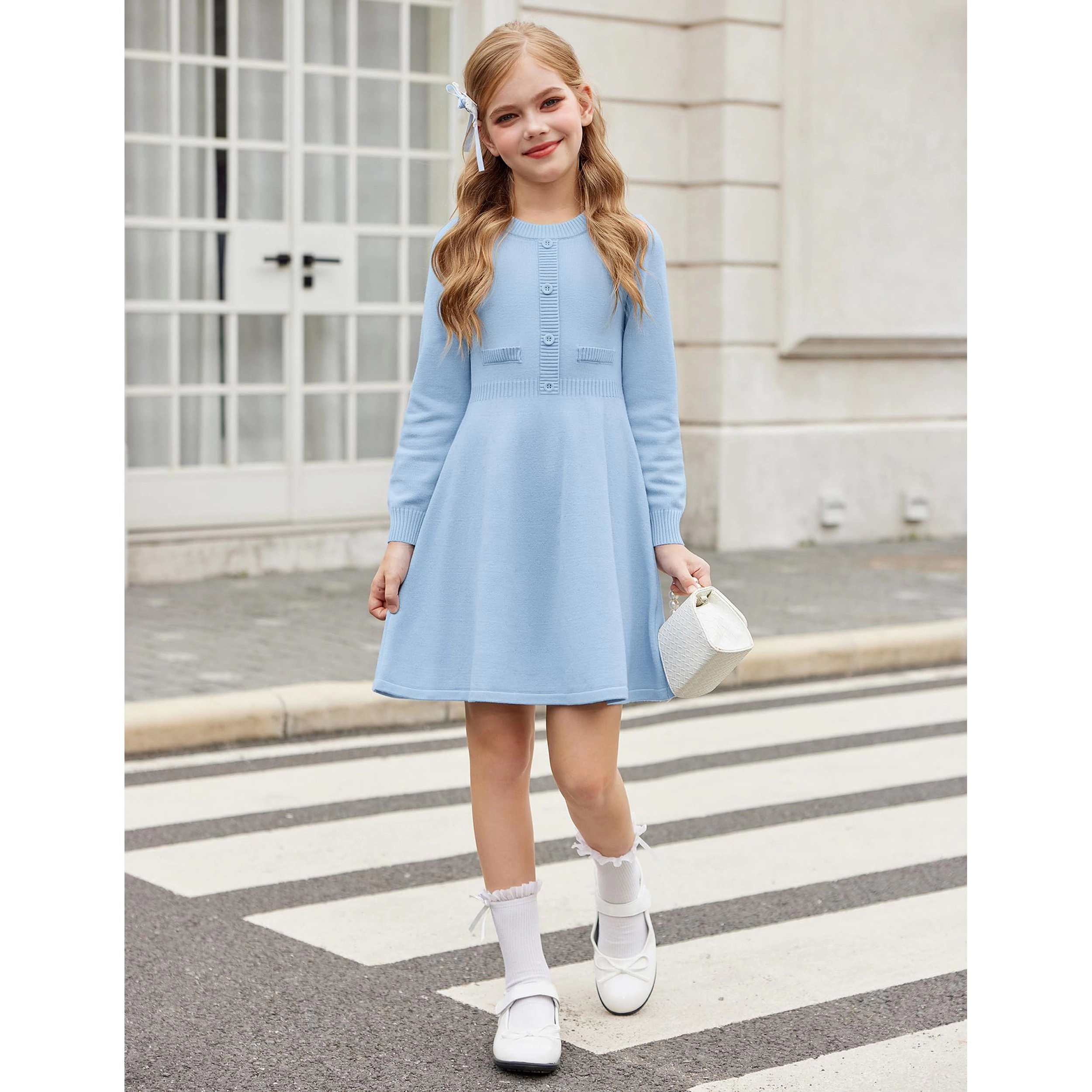 Arshiner Girls Sweater Dress Long Sleeve Button Knit Fall Winter Pullover Dresses For Kids