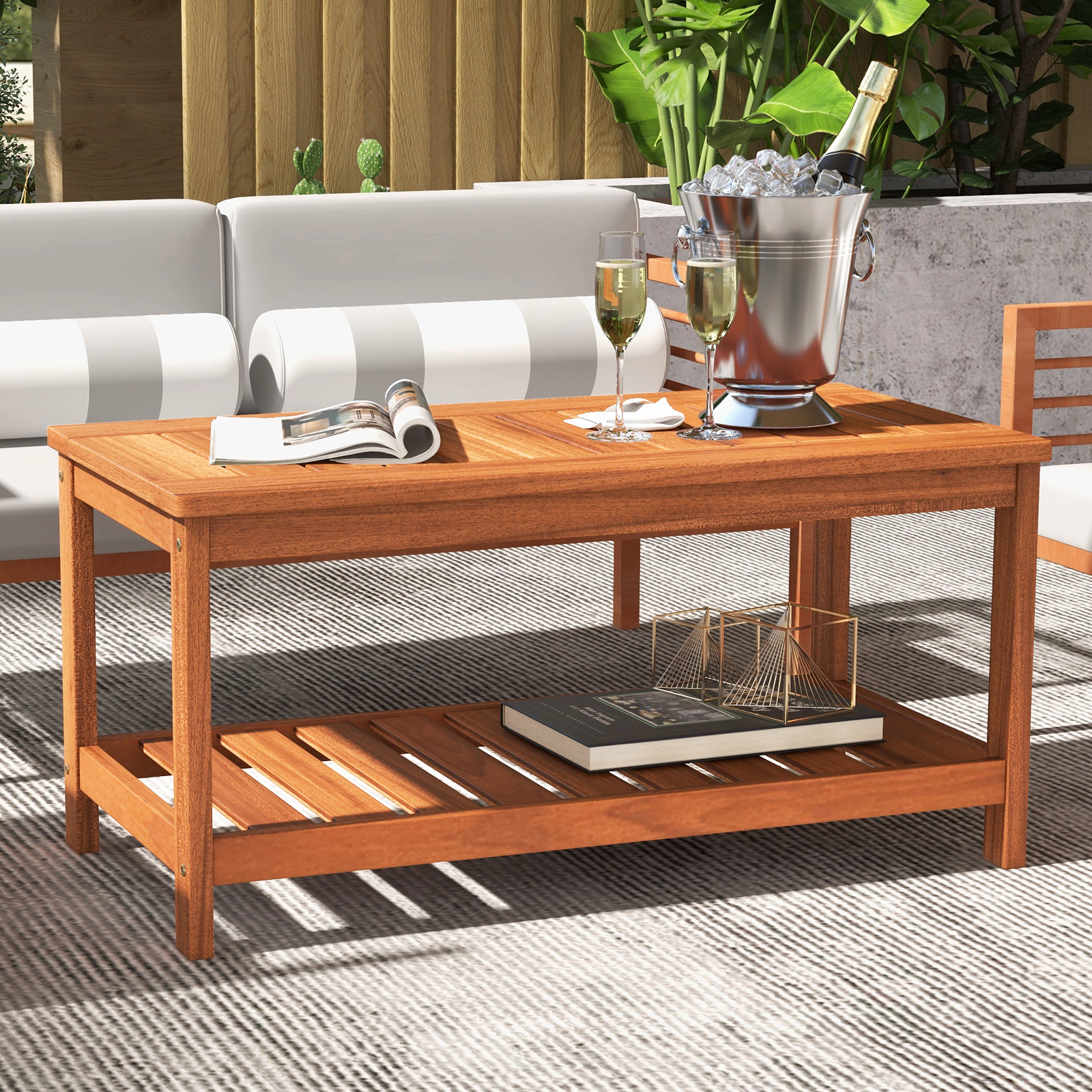 SUGIFT 2-Tier Patio Coffee Table Slatted Tabletop & Storage Shelf 110-lb Tabletop Capacity 55-lb Shelf Capacity Natural