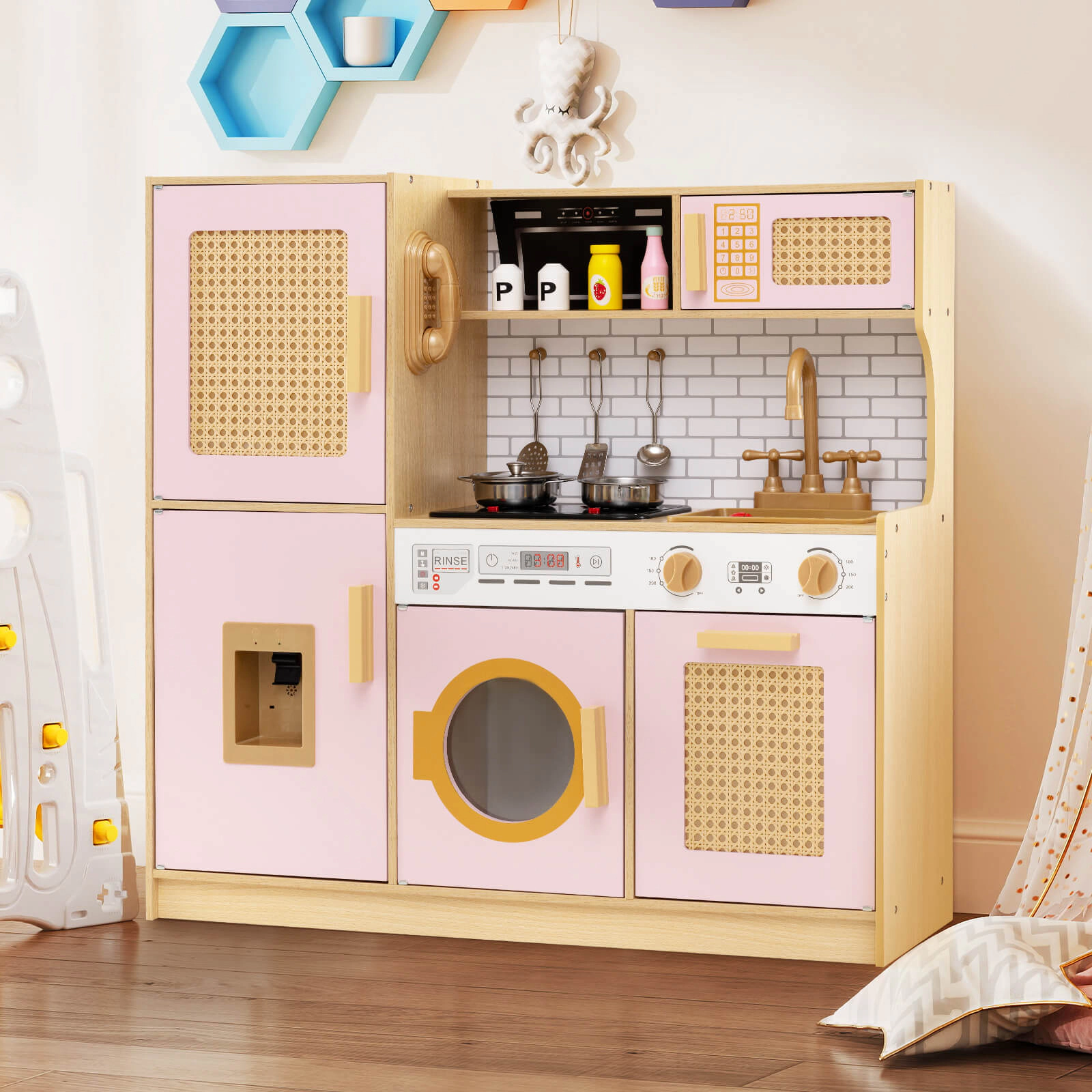 Costway Wooden Kids Kitchen Playset Pretend Play with Real Sounds Lights Yellow
