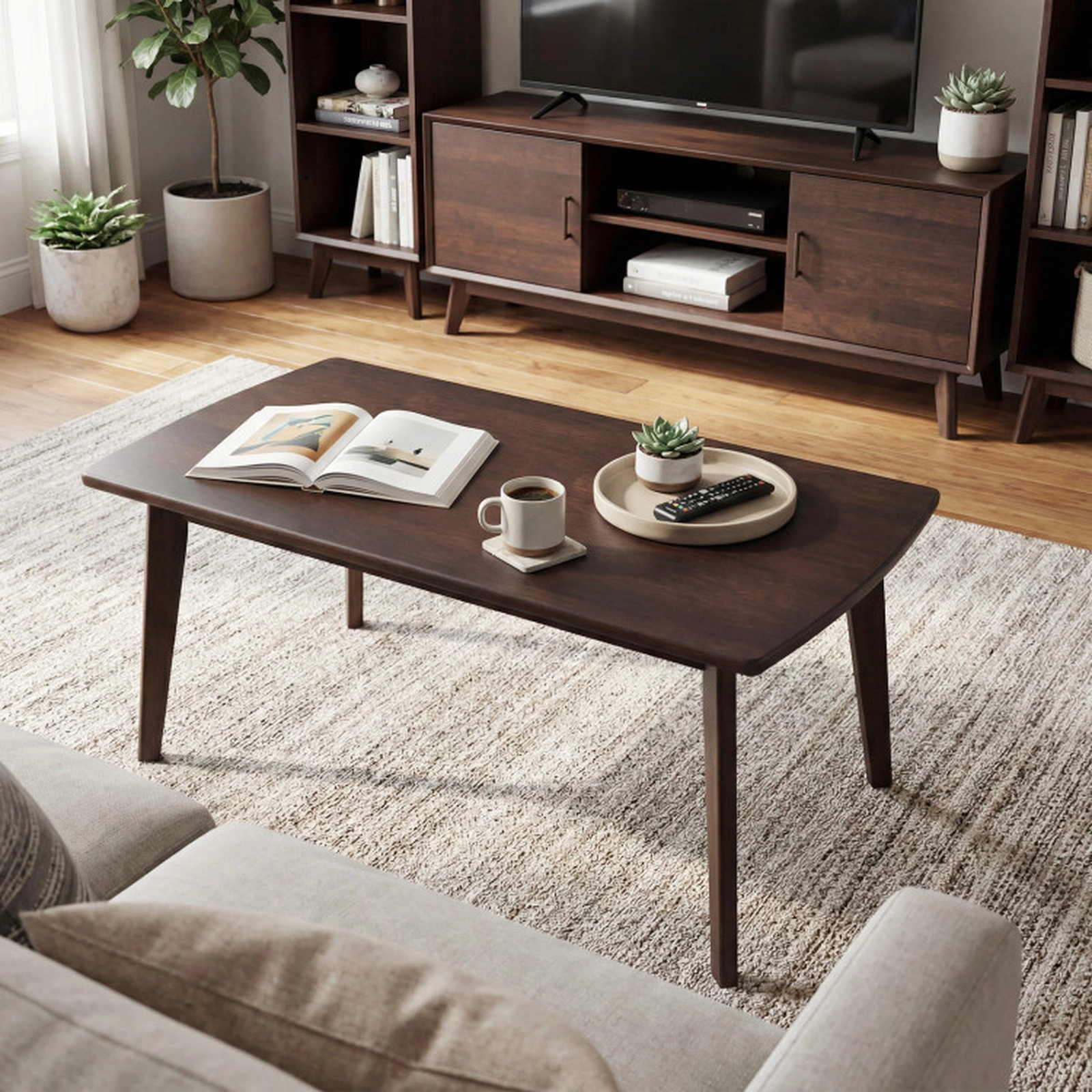 SUGIFT Solid Rubber Wood Tapered Legs Mid Century Modern Coffee Table 34.5-in x 21-in x 17-in 176-lb Capacity Walnut