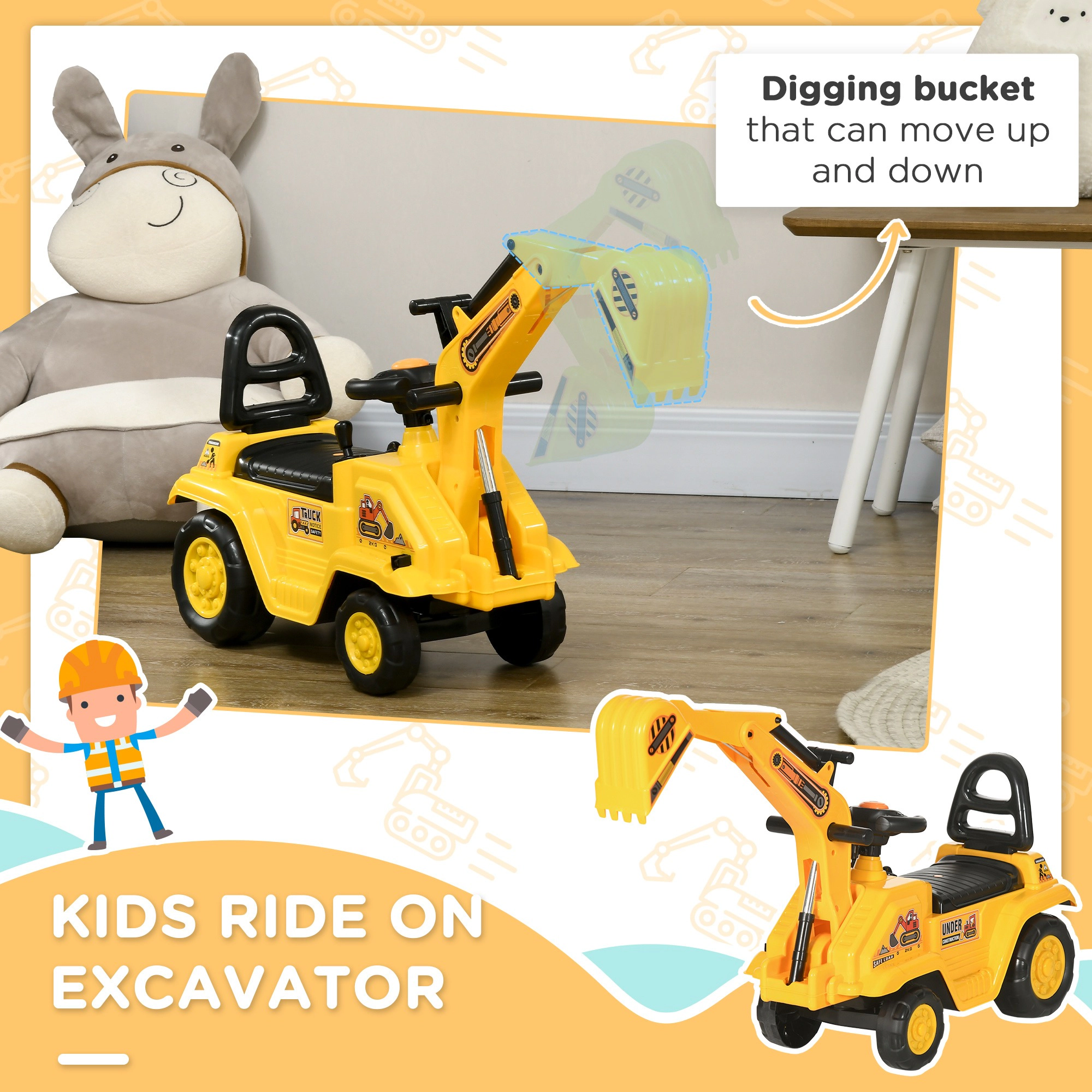 HONGGE 2-in-1 Ride-On Digger Toy with Pull Cart, Front Loader Bucket & Under-Seat Storage, Ages 18-48 Months