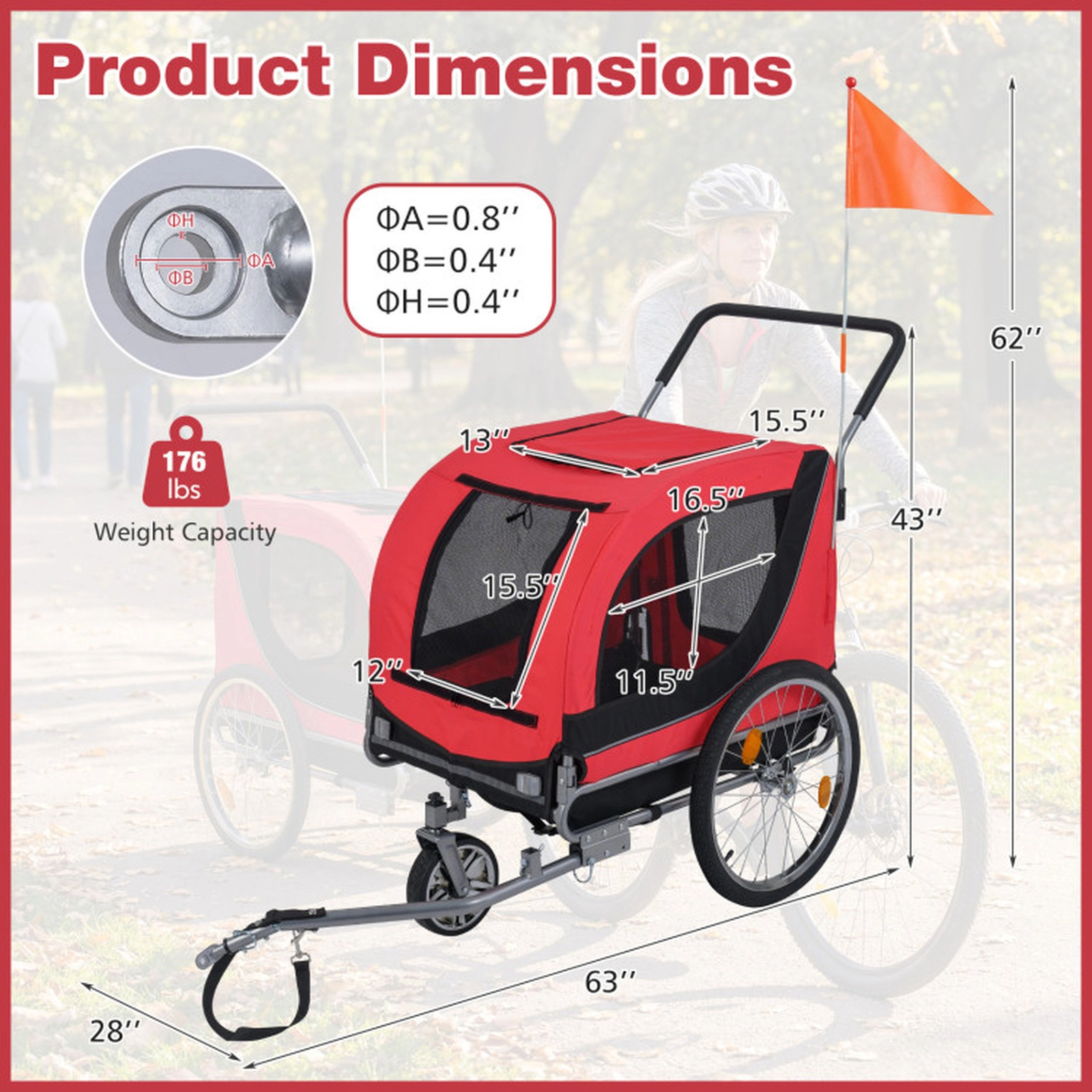 SUGIFT Red 2-in-1 176-lb Capacity Folding Dog Bike Trailer and Pet Stroller with Universal Bicycle Coupler