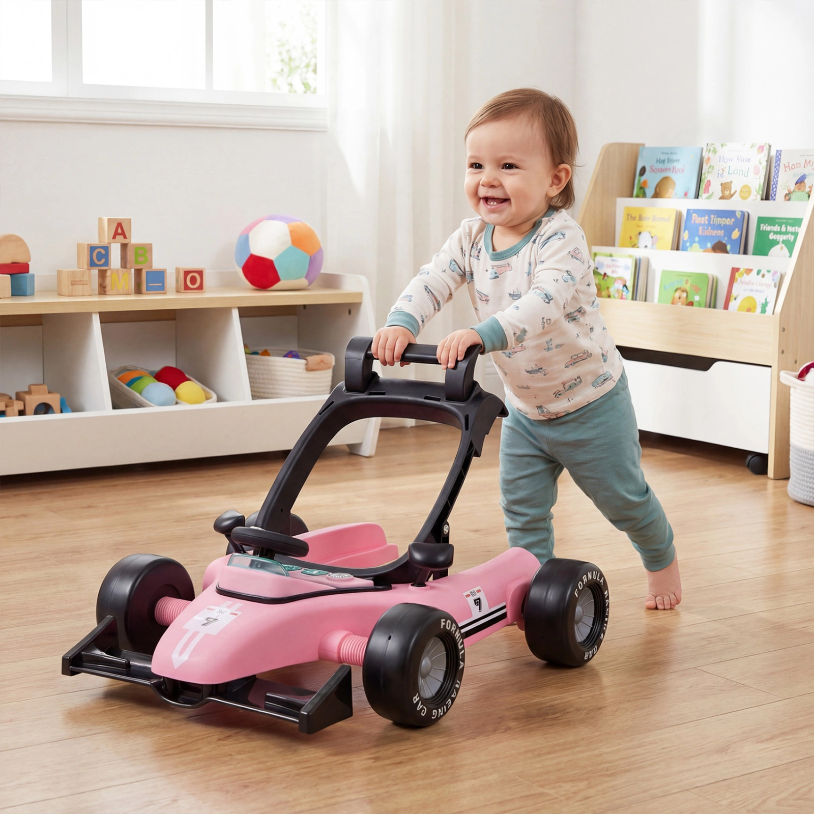 SUGIFT 4-in-1 Height-Adjustable Baby Push Walker Activity Center with Music Box 26.5-lb Capacity Ages 6-18 Months Pink