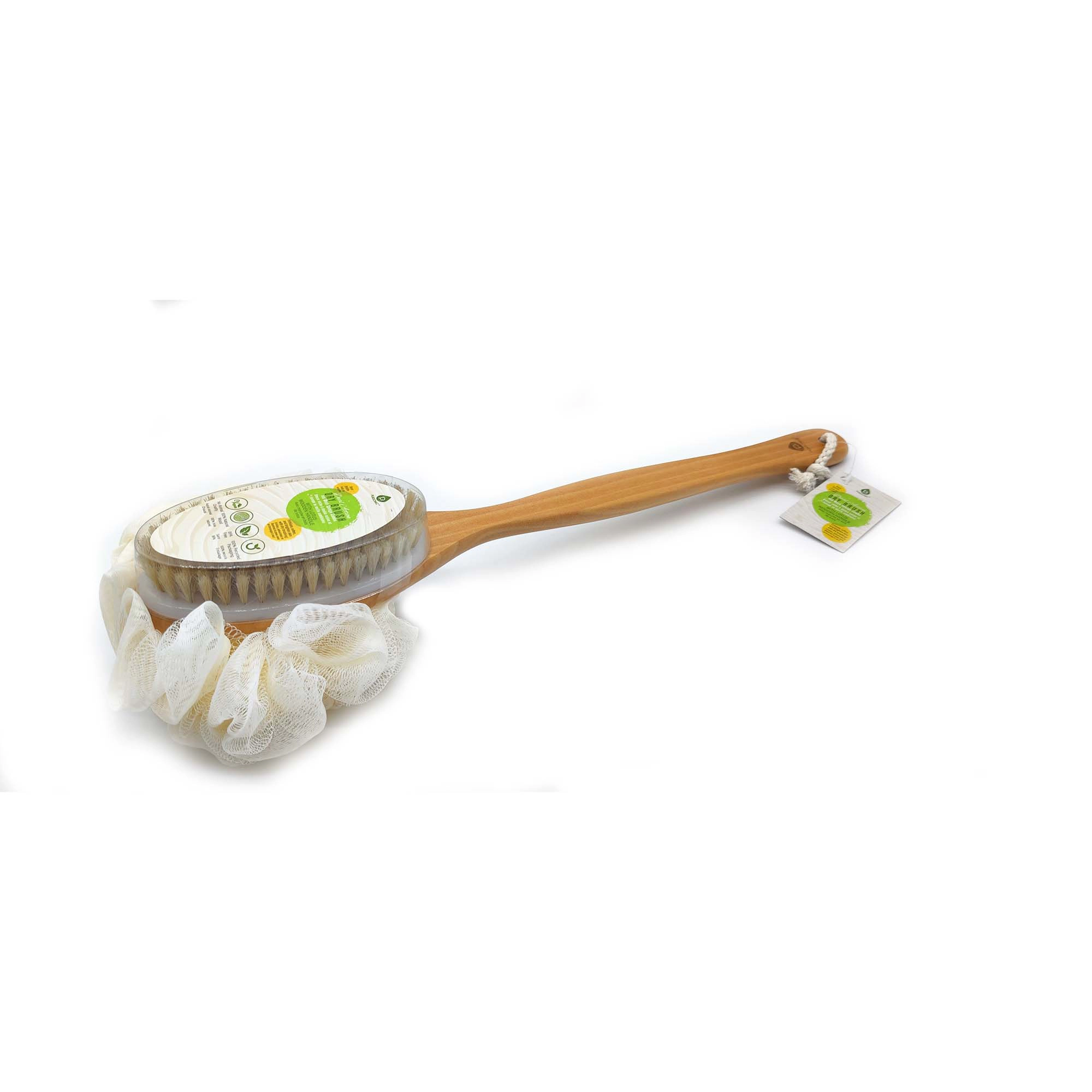 Pursonic Unisex Eco-Friendly Dual Action Exfoliating Body Brush & Mesh Sponge with Lotus Wooden Handle