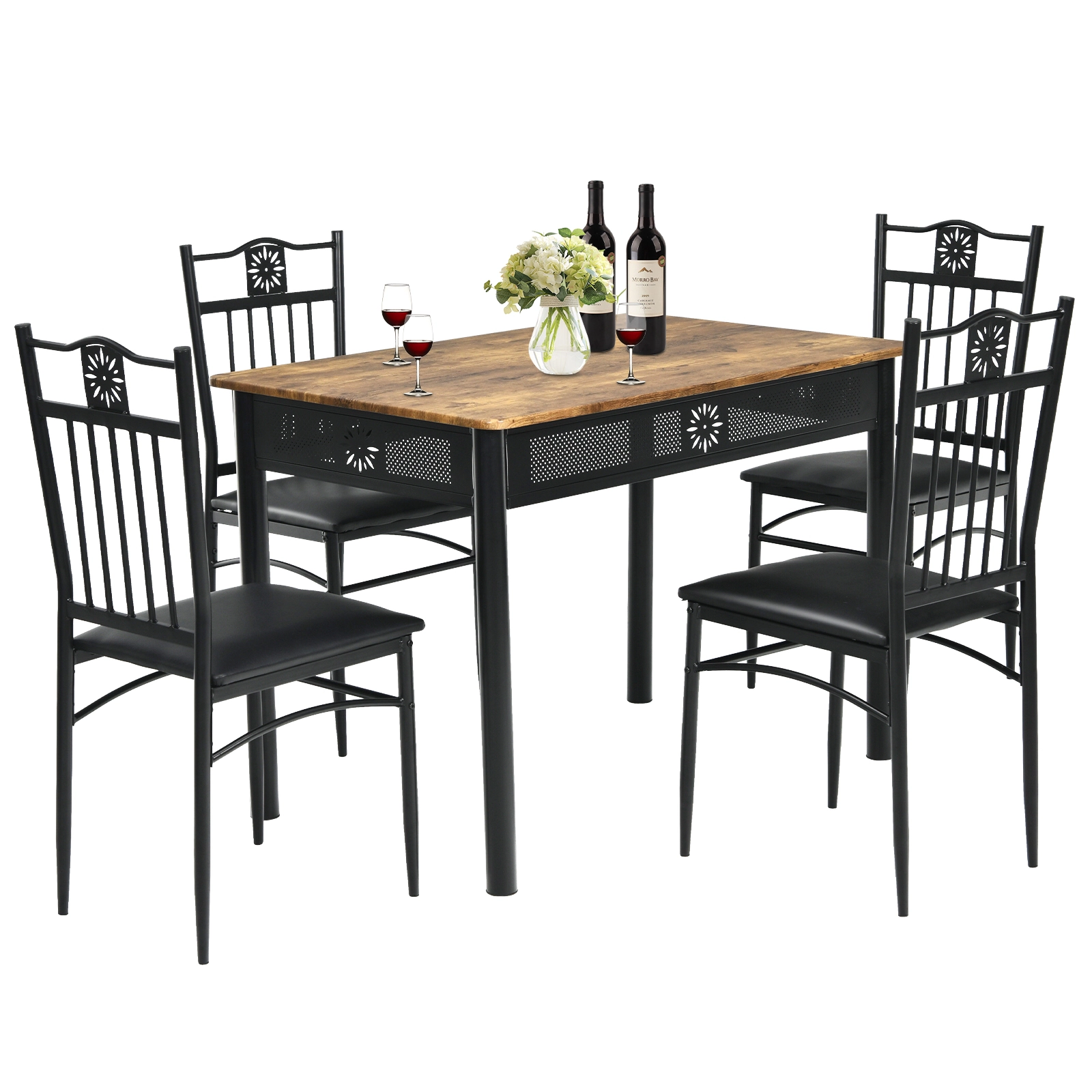 LJG 5 Pcs Dining Set Wood Metal Table and 4 Chairs with Cushions