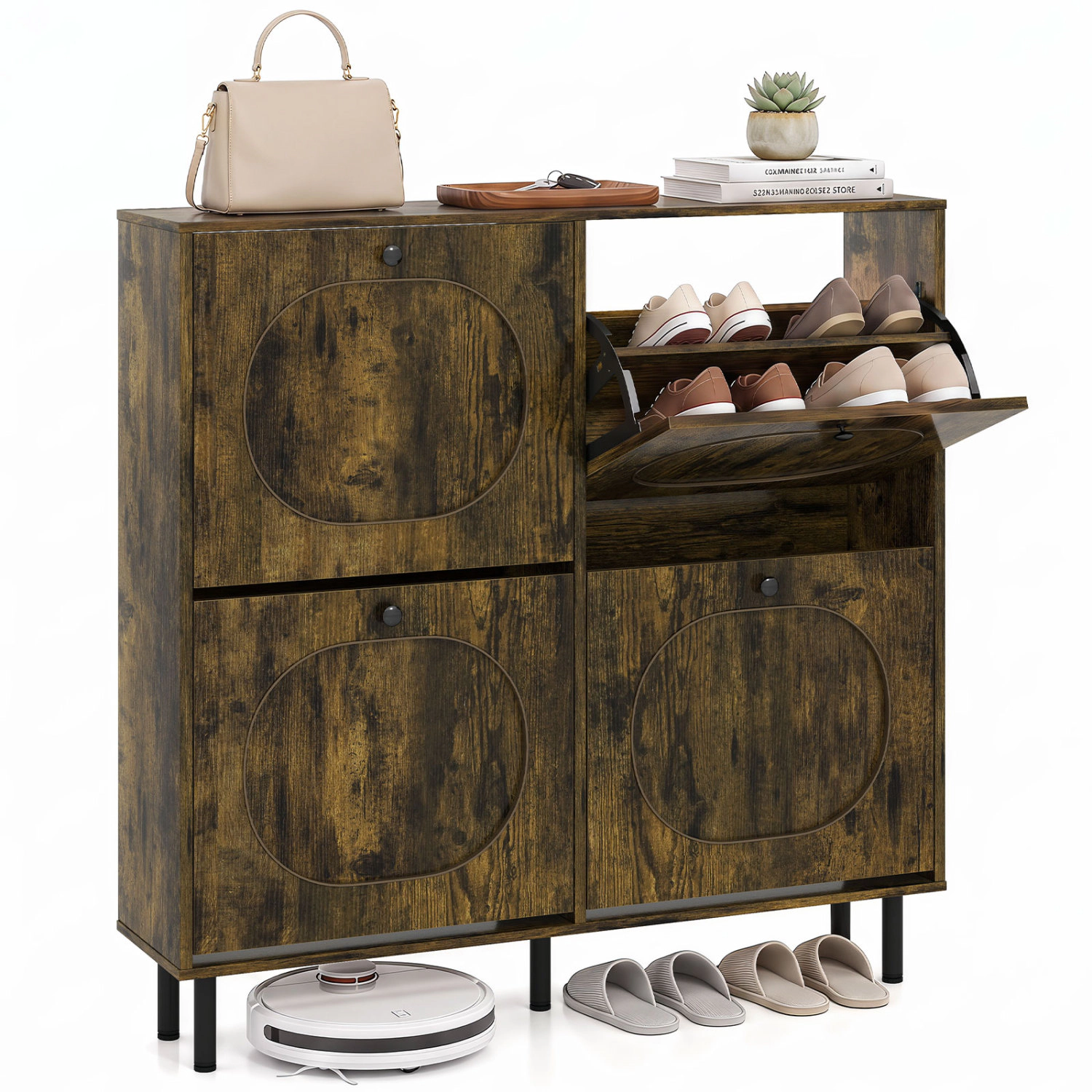 LJG Shoe Storage Cabinet with 4 Flip Drawers and Aluminum Legs