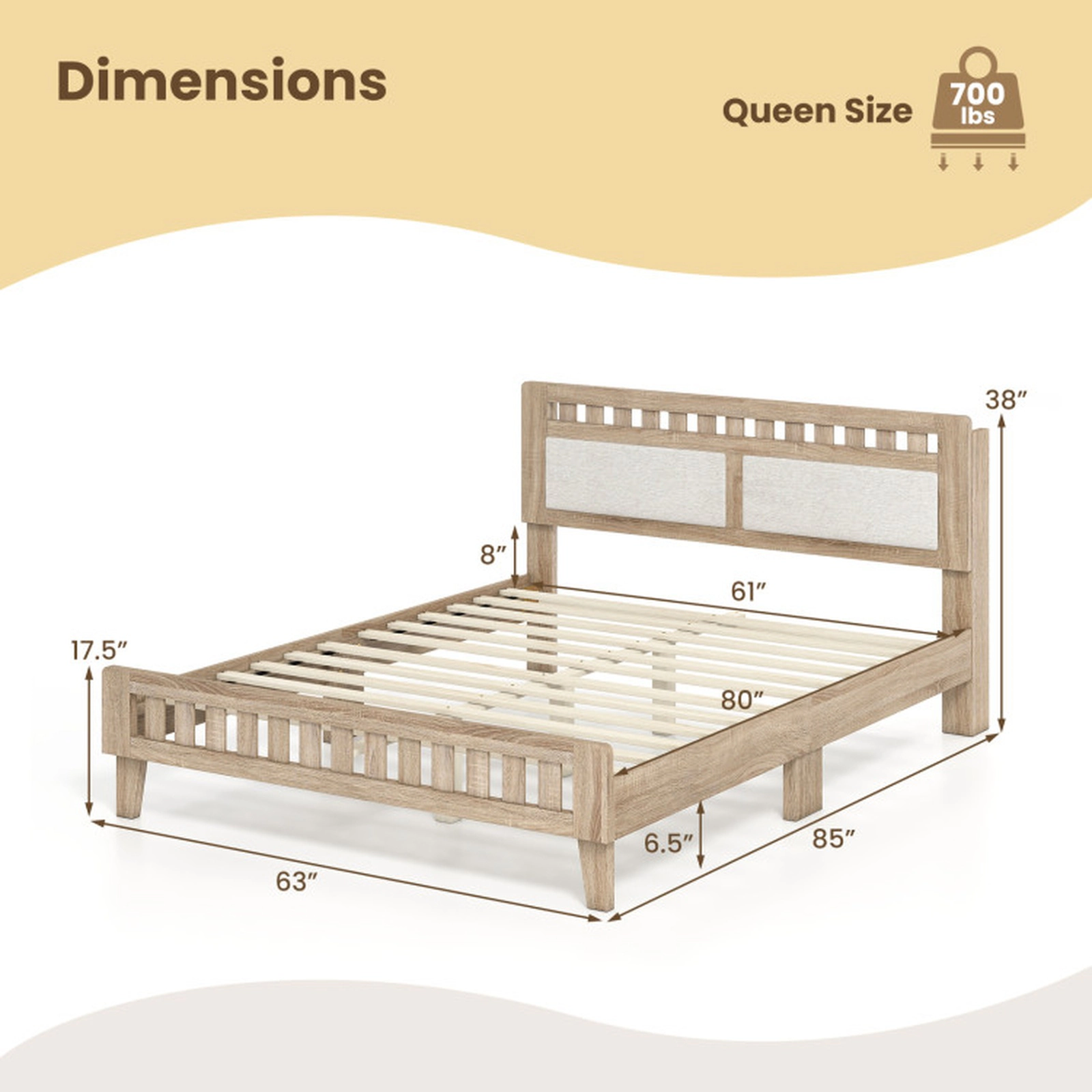 SUGIFT Queen Wood Bed Frame Upholstered Headboard 700-Lb Capacity 85-in Length 80 x 61-in Bed Surface Rustic Oak + Beige