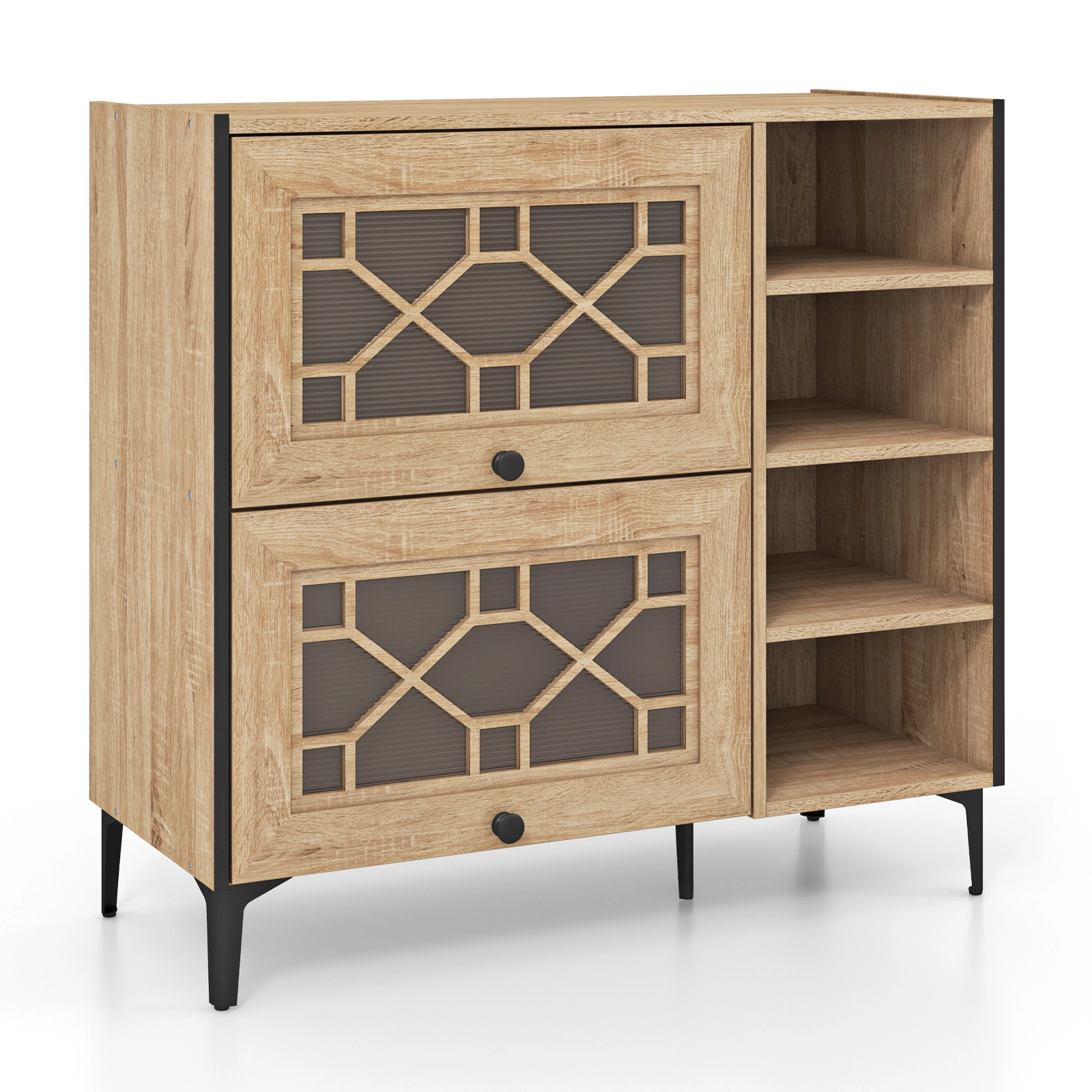 SUGIFT Oak 35.5-in Entryway Shoe Cabinet with Flip-Up See-Through Doors and 4 Open Storage Shelves