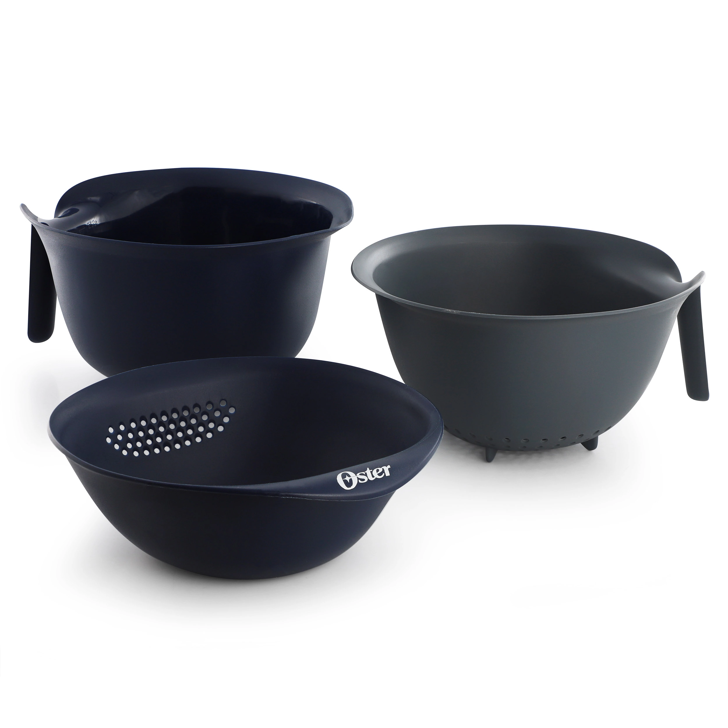 Oster Bluemarine 3 Piece Nestable Plastic Colander and 3 Quart Bowl Set in Dark Blue