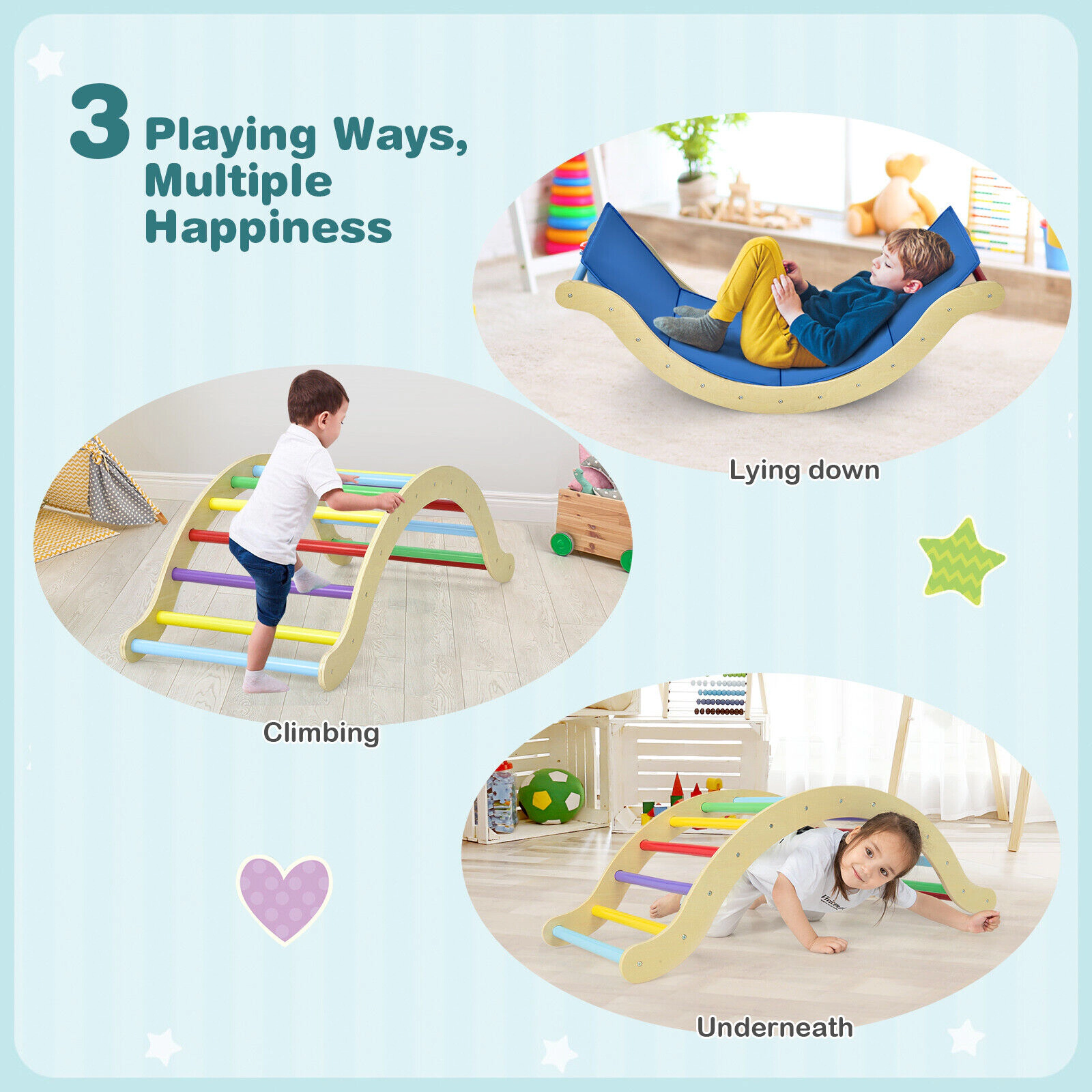 SUGIFT 3-in-1 Wooden Arch Triangle Climber Rocker with 132-lb Capacity Ramp and Mat Ages 1-8 Yellow/Natural