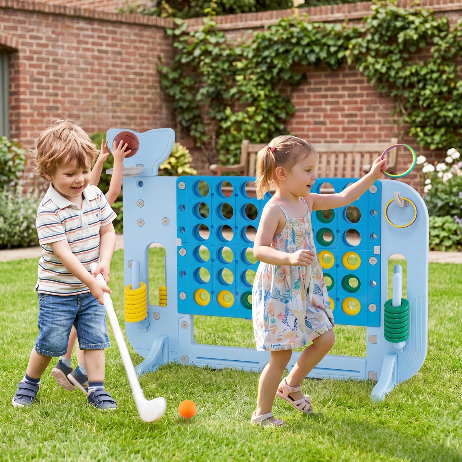 SUGIFT 55-in 4-in-1 Giant 4-to-Score HDPE Game Set with Ring Toss Basketball Golf and 2 Cup Holders Blue
