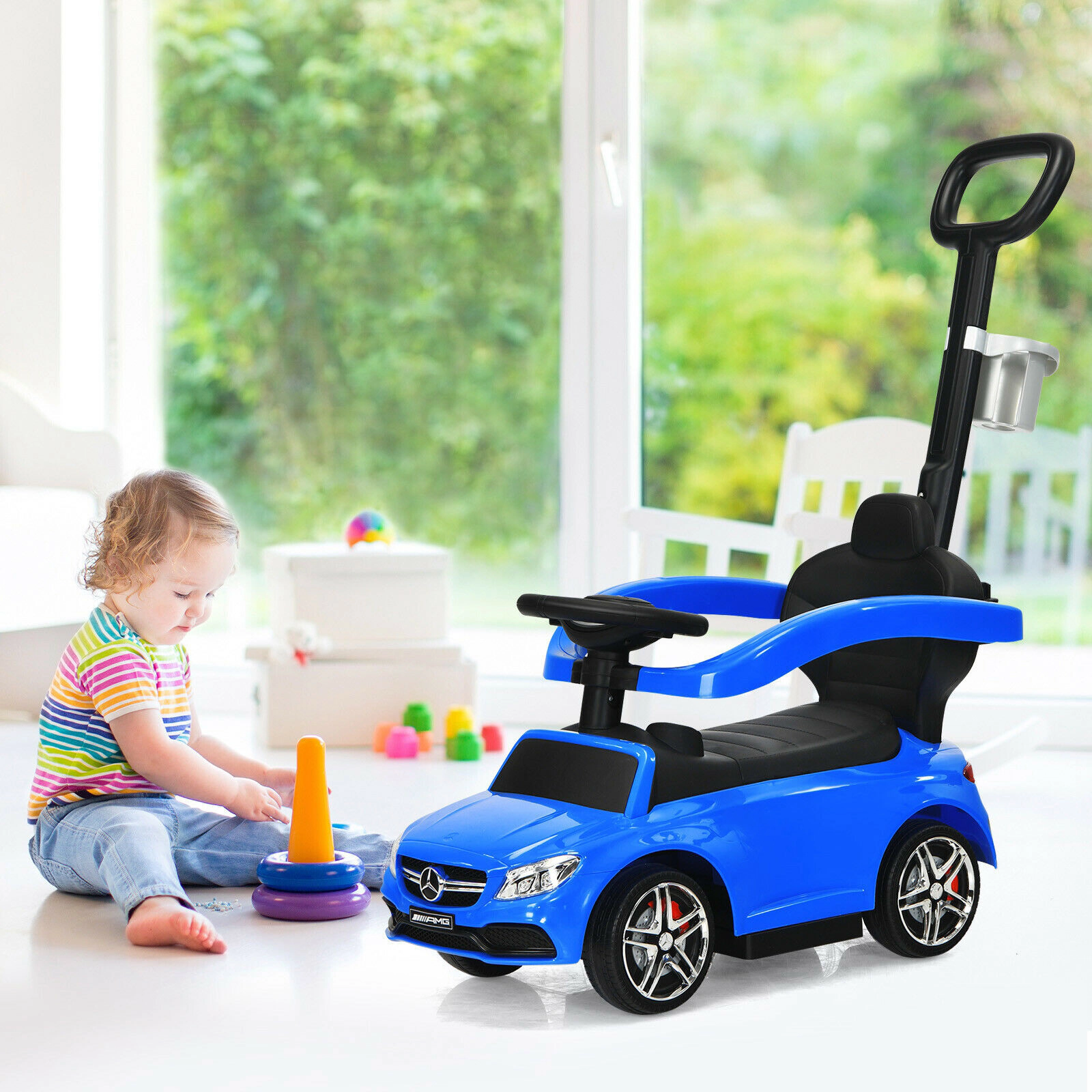 SUGIFT 3-in-1 Ride-On Push Car Mercedes-Benz Sliding Car Canopy 55-lb Capacity Ages 18-36 Months Black Navy Pink