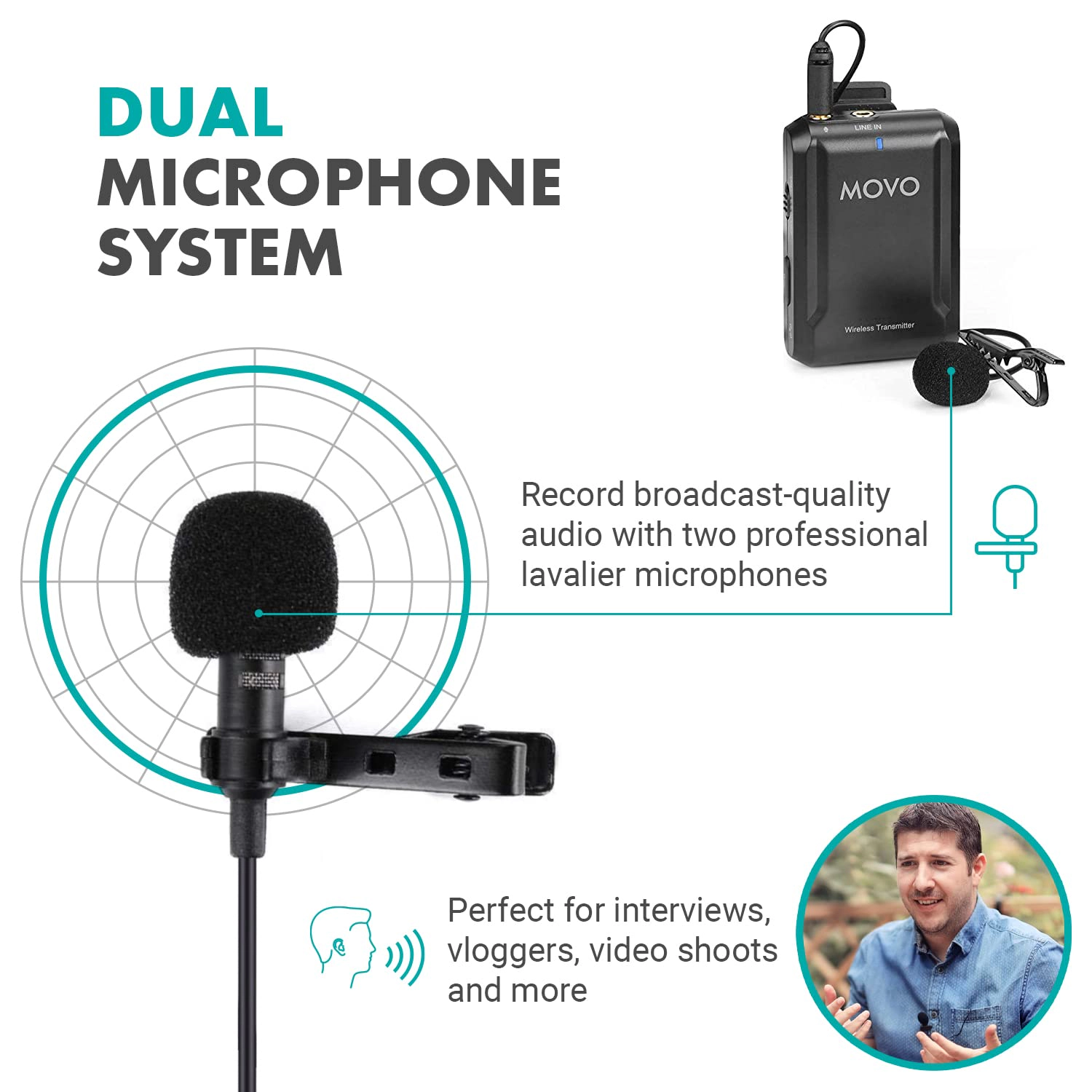 Movo Edge-OP-Duo Dual Wireless Lavalier Microphone for Osmo Pocket 1 and 2 - Wireless Clip-on Lapel Mic, 2