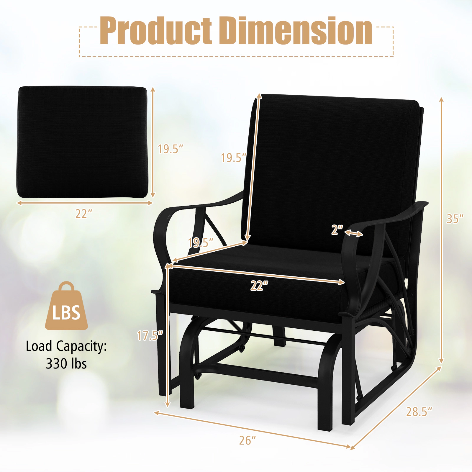 LJG Patio Glider Rocking Chair with Thick Cushion and Curved Armrest