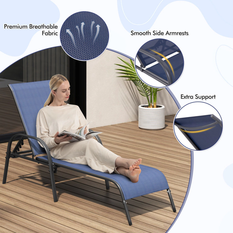 Hivvago 2 Pcs Outdoor Patio Lounge Chair Chaise Fabric With Adjustable Reclining Armrest-Navy