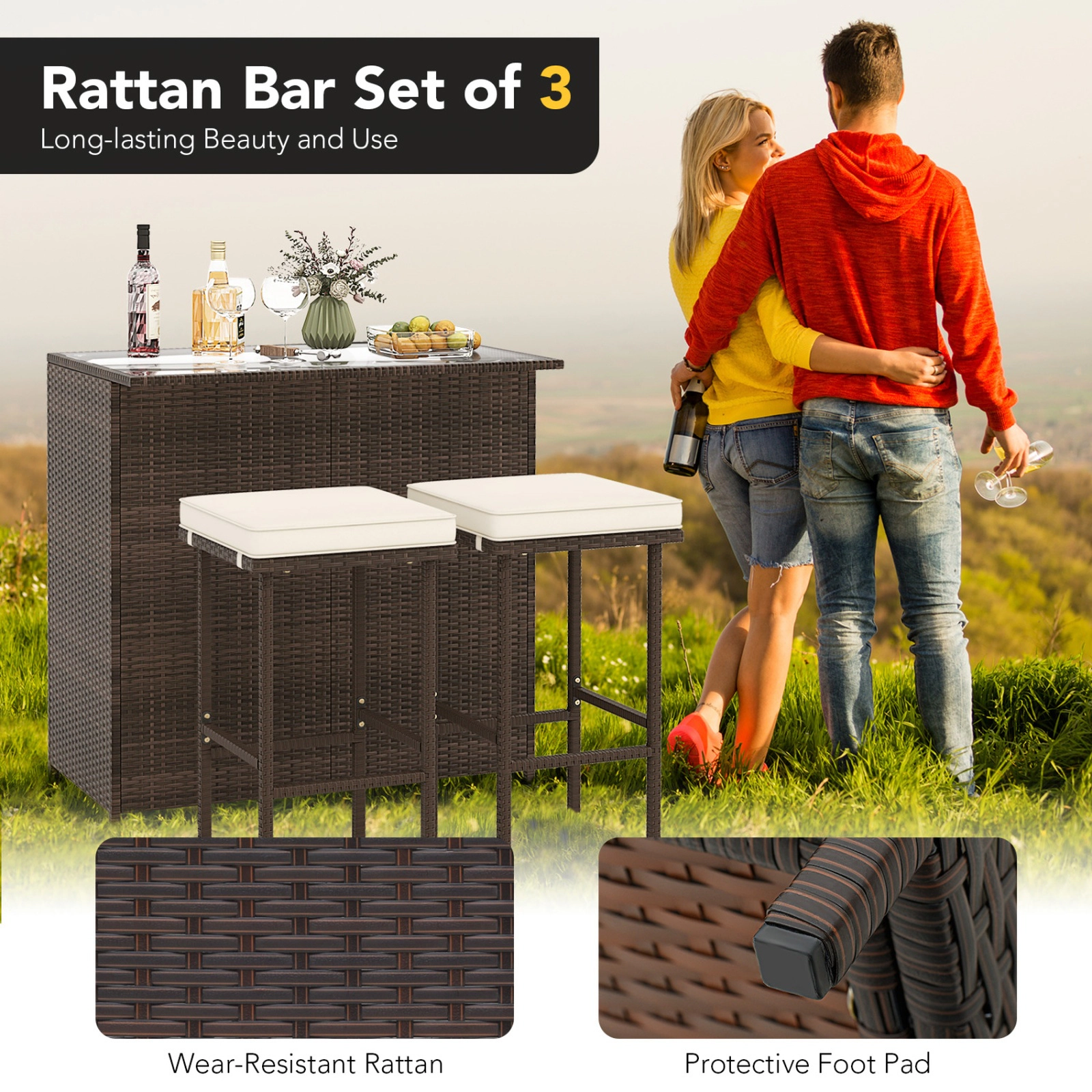 SUGIFT 3-Piece Rattan Wicker Bar Set with Bar Table and Cushioned Stools 360-lb Chair Capacity As the Picture Shows